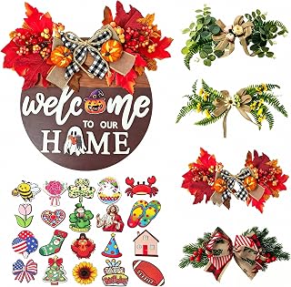 Interchangeable Welcome Wreaths Sign Perfect Housewarming Gift Door Decor | 4 Seasonal Wreaths & 24 Changeable Icons 12Inch Wooden Rustic Farmhouse Porch Wall Decor All-Year Holiday Home Accent