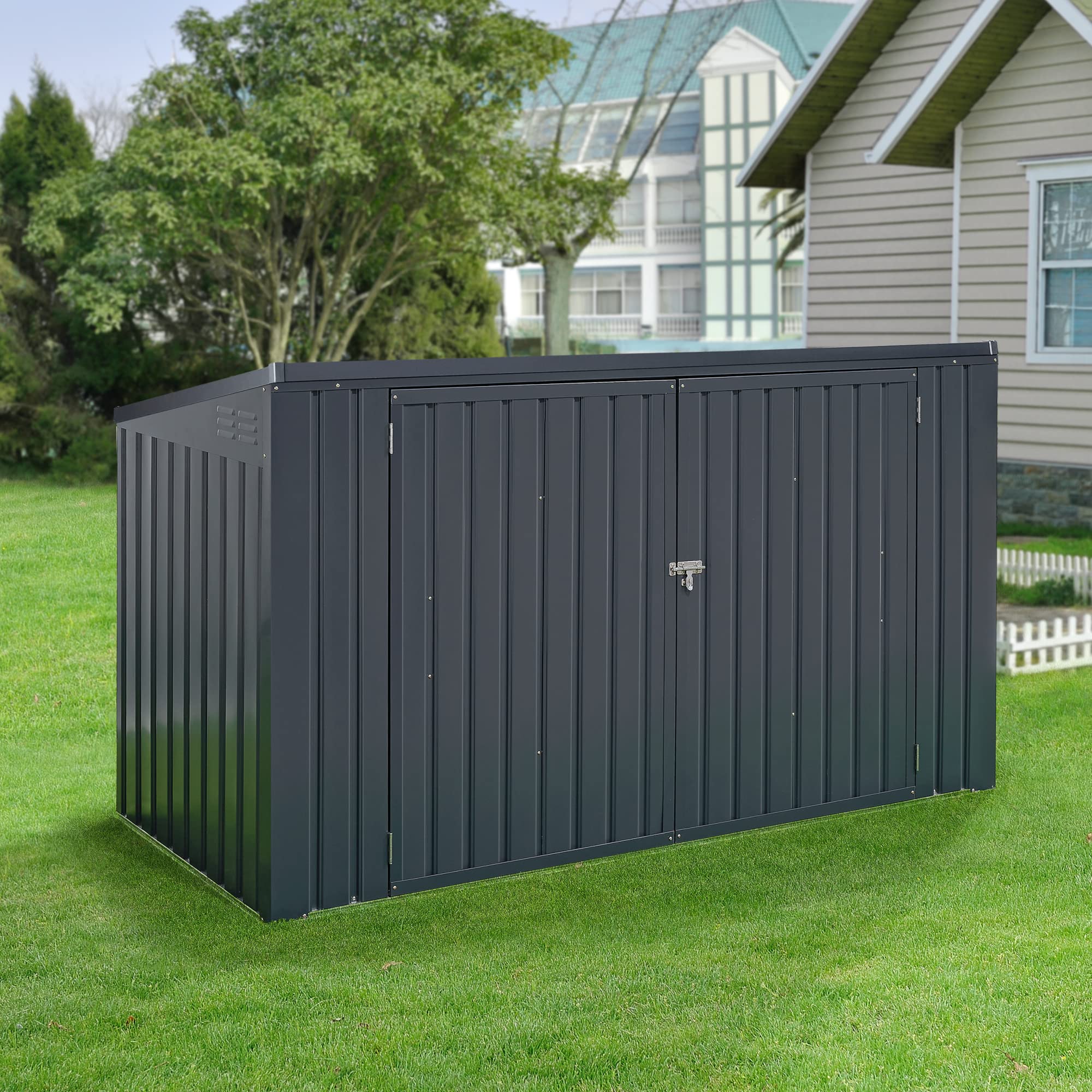 Cache Poubelle Verrouillable Abri de Jardin Polyvalent pour Outils d'Extérieur pour 3 Poubelles de 240 L Acier Galvanisé à Chaud 237 x 101 cm Gris Foncé