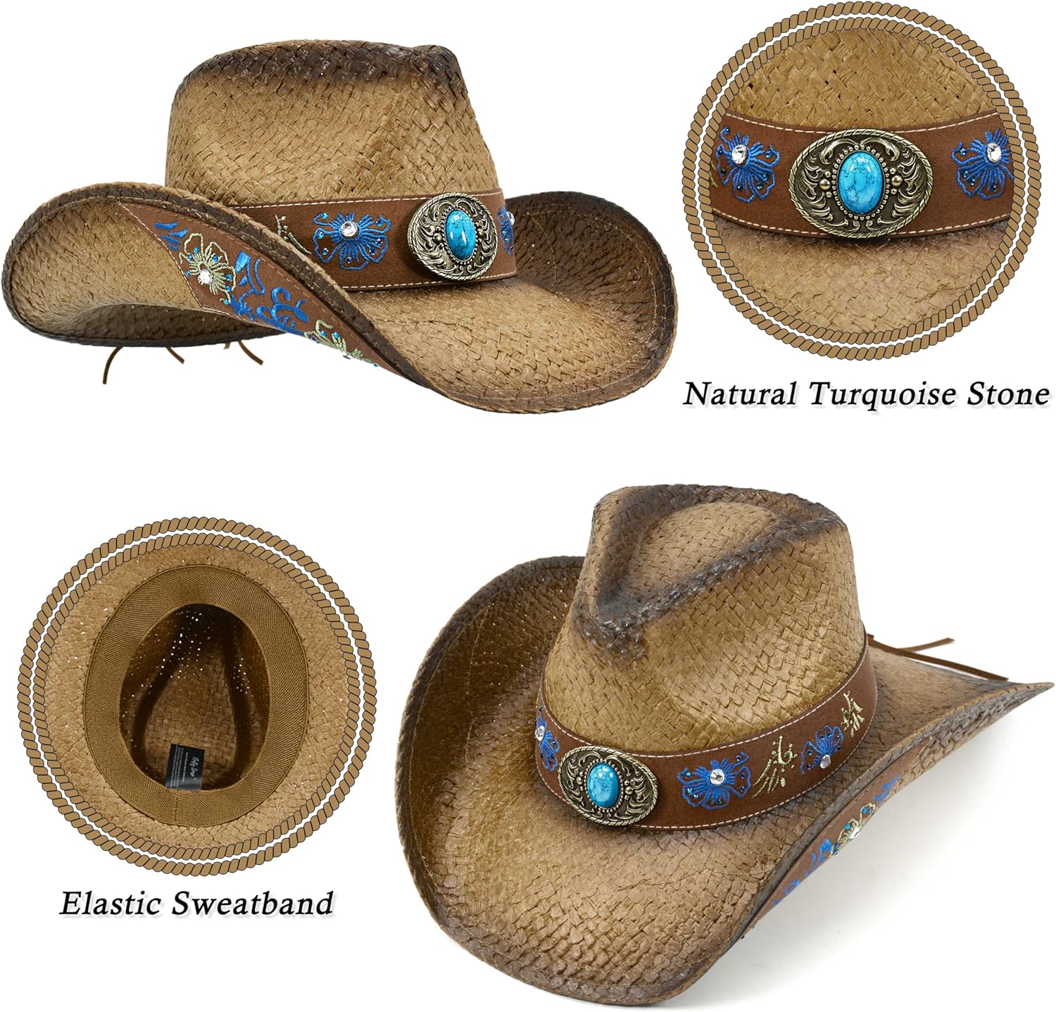 FLUFFY SENSE. Cowboy Hats for Women and Men Straw Western Hat Embroidered Cowboy Hat for Cowboys and Cowgirls - Image 3