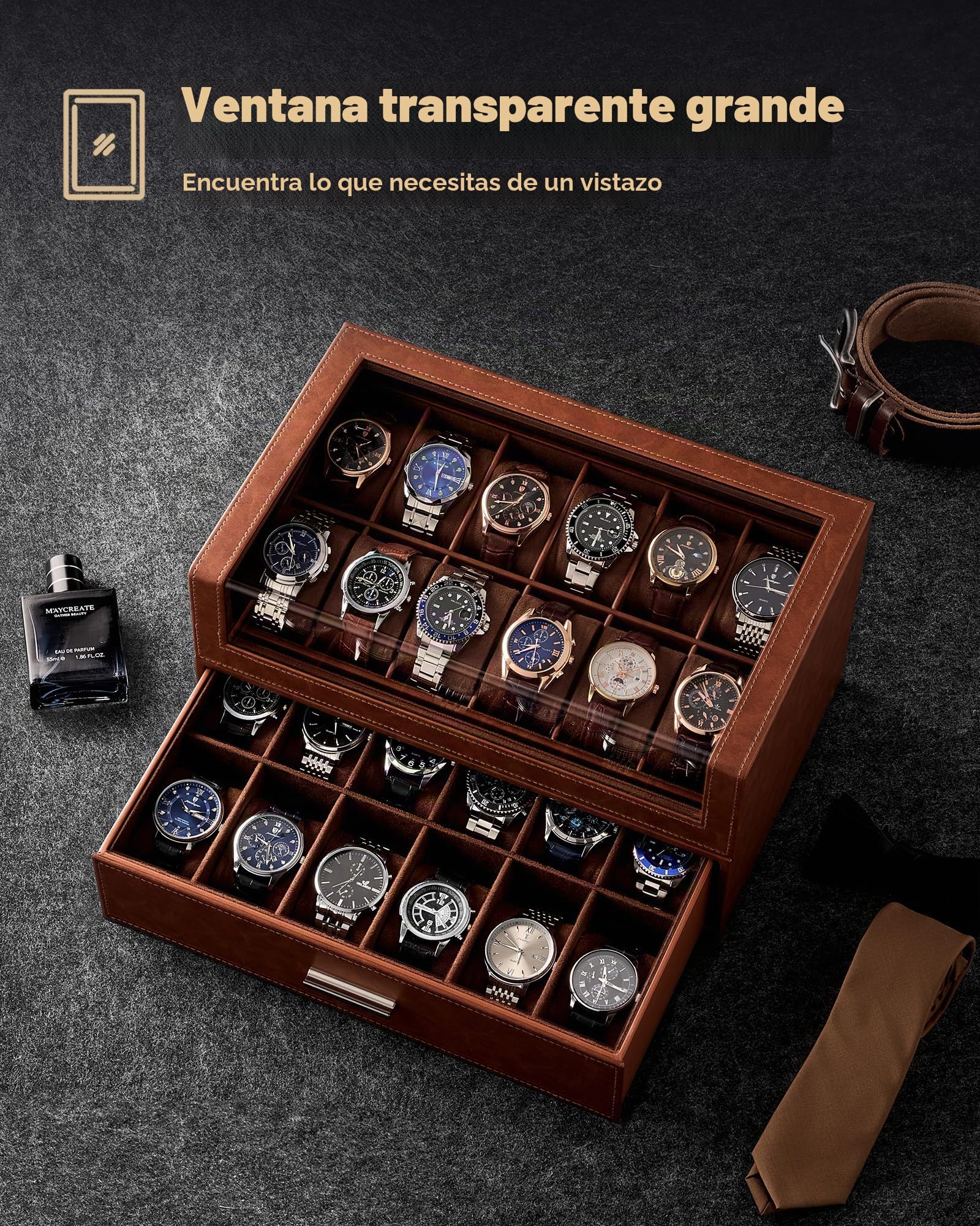 ProCase Caja de Reloj con 12 Ranuras con Tapa Transparente, Caja de Reloj de Cuero PU para Hombre con Cajón, Caja de Almacenamiento de Reloj para Hombre -Marrón | Organizador de relojes y joyas de piel sintética de gran capacidad con tapa acrílica y cajón
