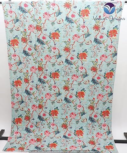 Miniatura 4 de Colcha Kantha de algodón puro hecho a mano con bloques indios y florales, tamaño individualqueen, colcha bohemia Kantha (verde claro, Queen)