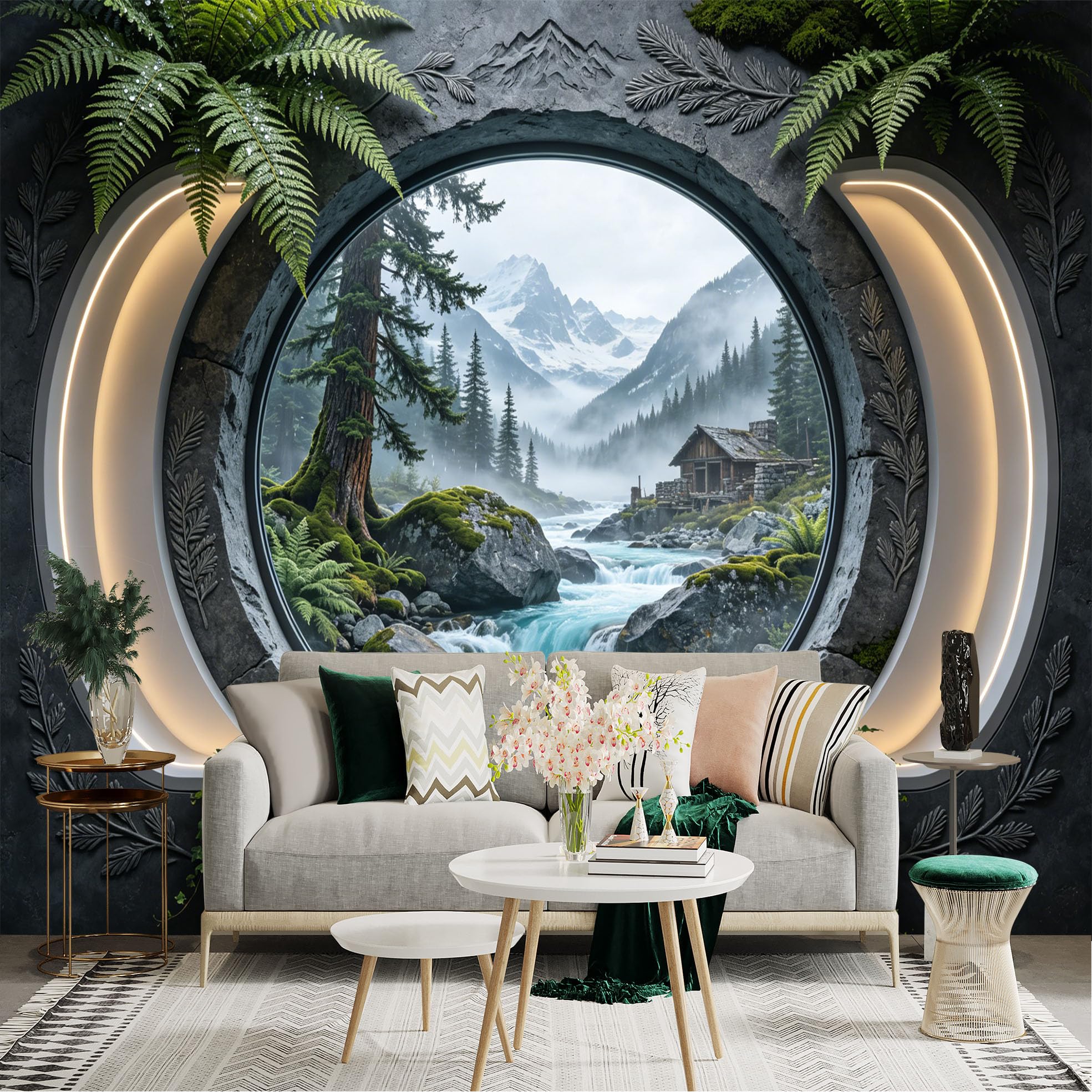 Custom Size Wall Sticker Mural， Mountain Cabin by River with Pine Forest and Waterfall View， for wall Decoration， peelandstick wall Decals.