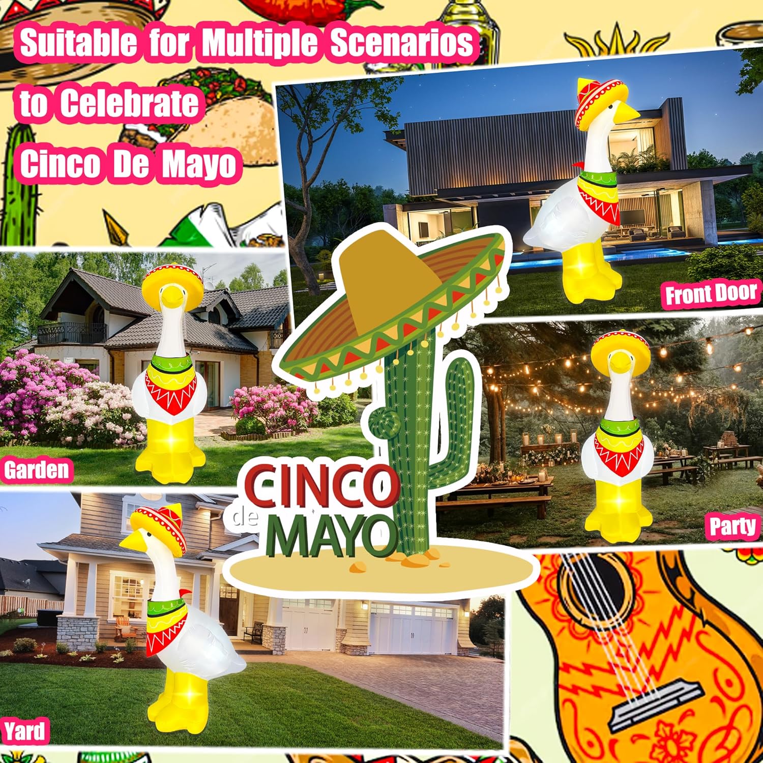 BLOWOUT FUN 5FT Cinco De Mayo Inflatables Goose Decoration with LED Lights Blow Up Holiday Party Indoor Outdoor Garden Lawn Patio Mexican Fiesta Fifth of May Summer Decor