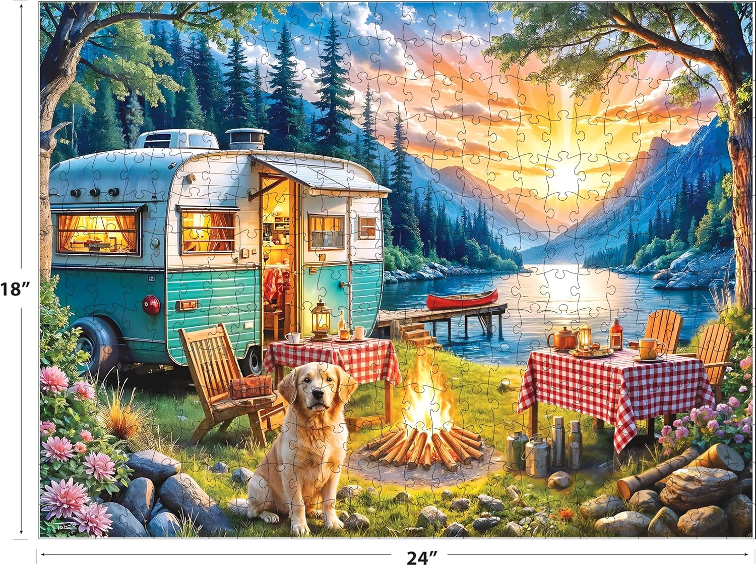 RoseArt - Kodak Premium 350 Piece Puzzle - Sunset Camper with Golden Retriever, Vibrant Lakeside Scene, Jigsaw Puzzle for Adults, 24" x 18" Finished Size