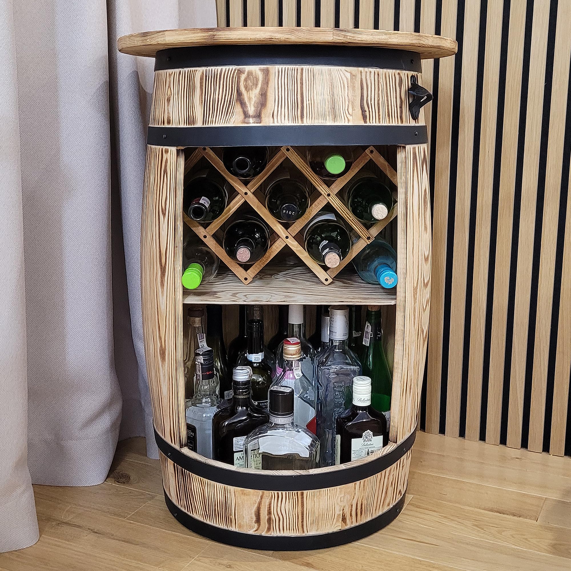 weeco Barile di vino con top blat e portabottiglie – Armadietto per vino – Tavolo da bar in legno – Barile di legno – Portabottiglie per vino – Tavolo da 80 x 50 cm