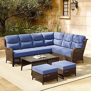 HILLGA Luxury Patio Furniture Set with 6-inch Thick Cushion, Outdoor Sectional Sofa and Coffee Table, 4PCS Wicker Conversation Set for Deck Yard and Poolside, Blue (V2)