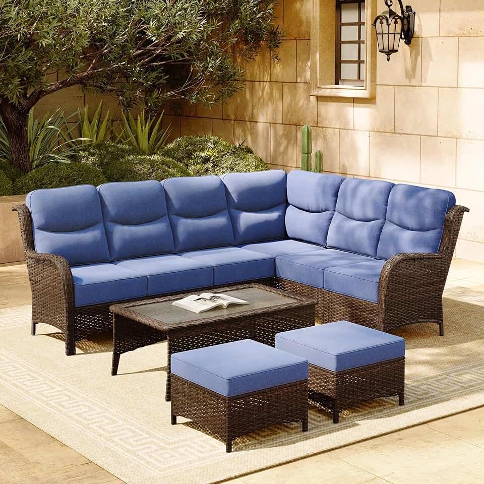 HILLGA 4-Piece Luxury Patio Furniture Set with 6" Thick Cushions, Weather-Resistant Wicker High Back Swivel Rocker Chairs,Senior-Friendly Outdoor Corner Sofa Set for Deck,Yard and Poolside,Blue(V2)