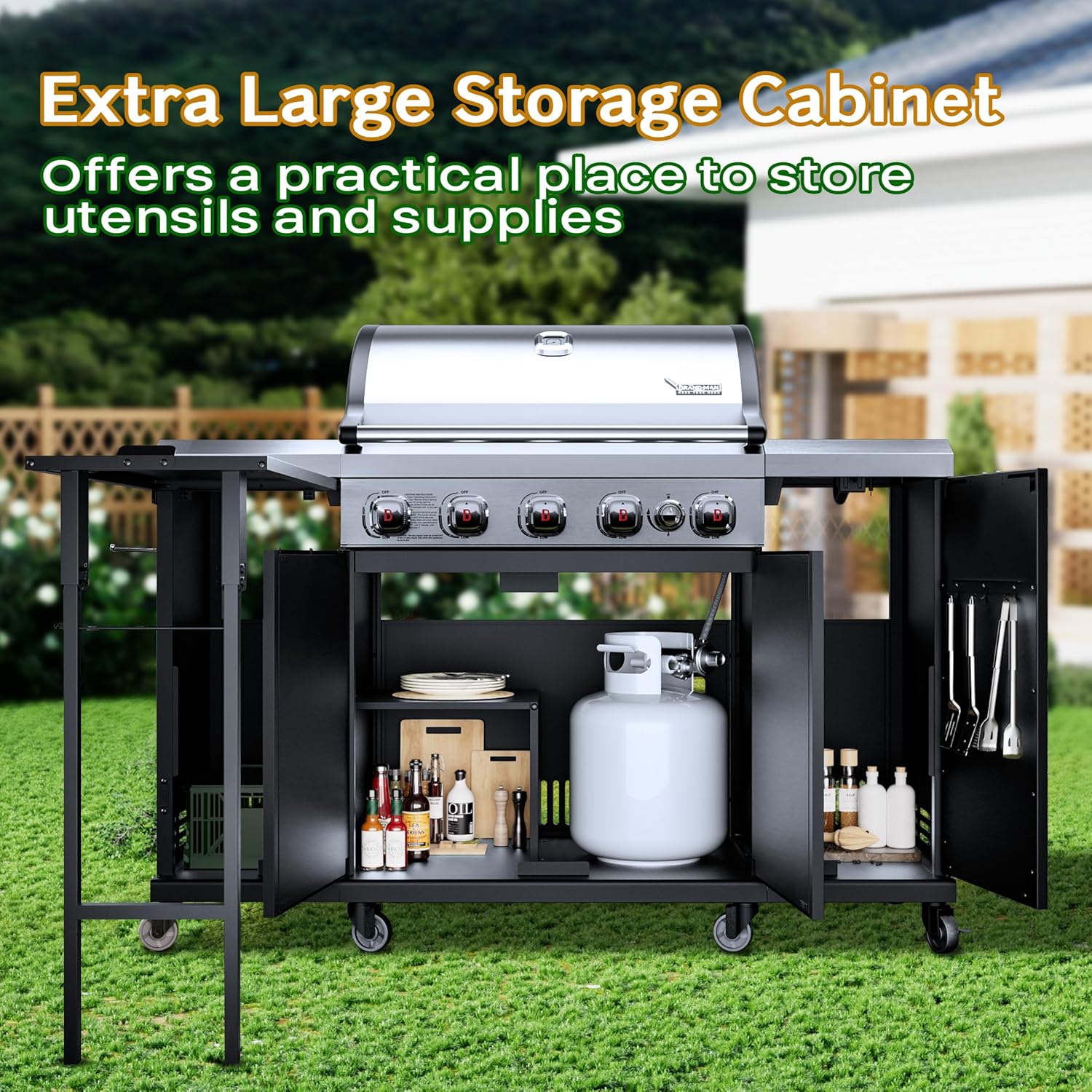 Brand-Man Propane Gas Grill Island Outdoor Kitchen & Storage Cabinets, 52000 BTUs Stainless Steel Burner Patio Cooking BBQ Grill with Side Burner - Natural Gas Convertible, Black (5 Burner)