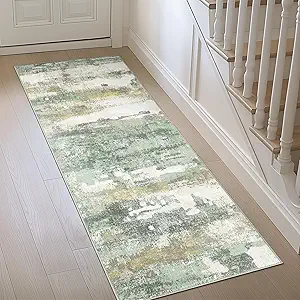 Runner Rug for Hallway Kitchen, 2x5 Machine Washable Runners Rug for Entryway, Soft Modern Abstract Throw Rugs, Low Pile Floor Cover with Non Slip Backing, Light Green