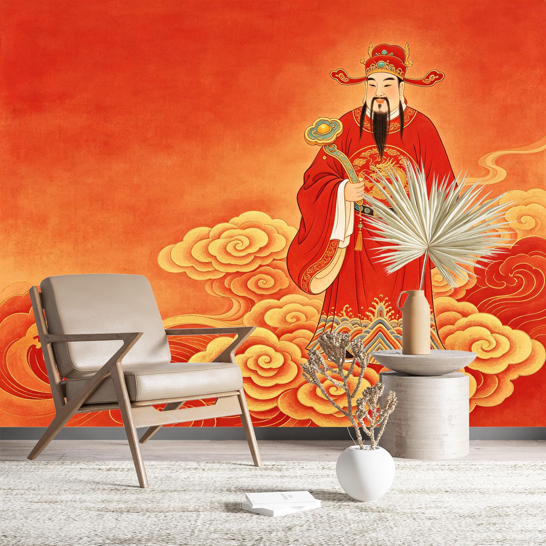 Custom Size Wall Murals Traditional God of Wealth Wall Murals Festival Wallpaper Wall Covering Fabric Self-Adhesive Removable Wallpaper for Living Room Home Decor