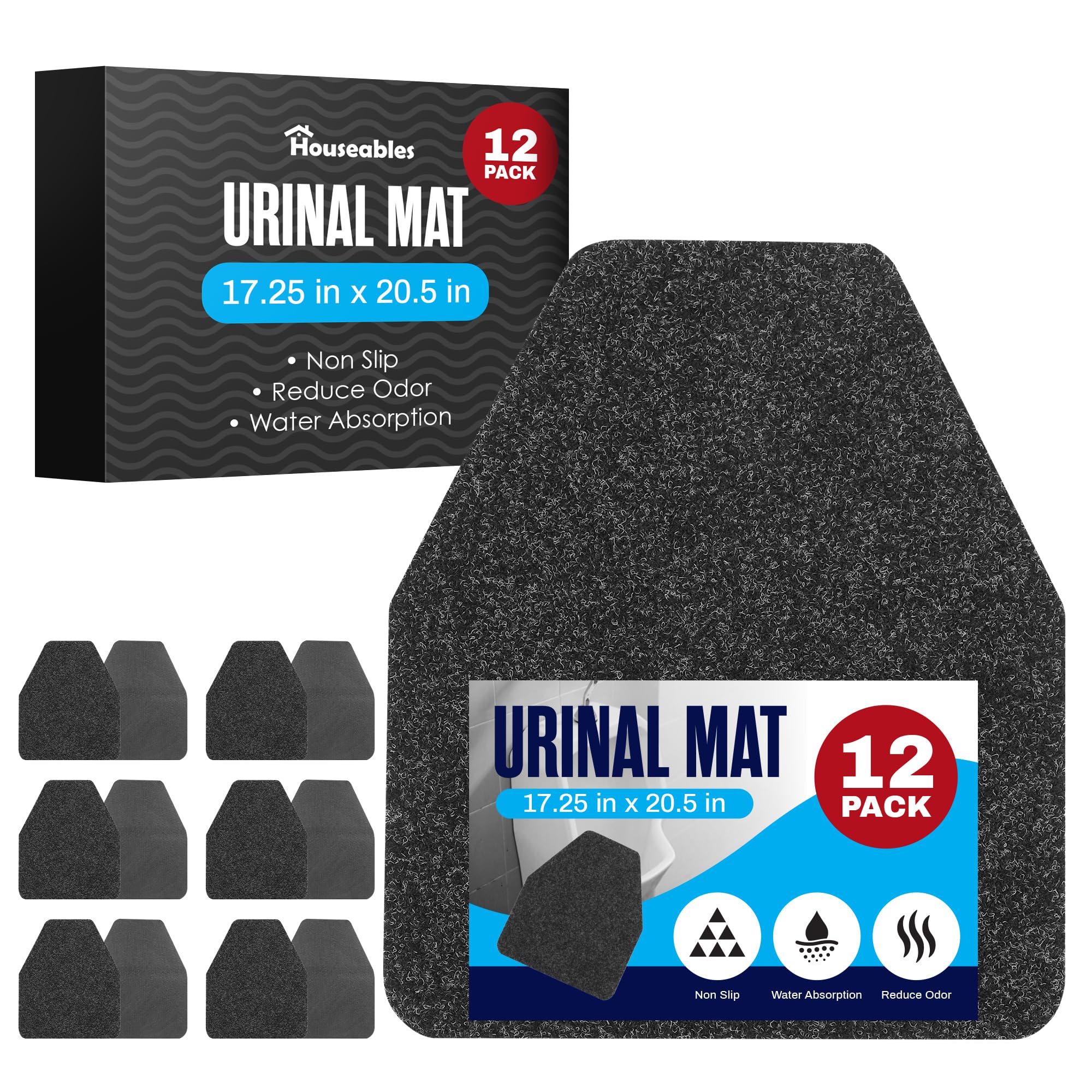 Urinal Mats, Urinal Mats for Men Bathroom, Floor Pads, Disposable Toilet Matt, for Pee, Commercial, Reusable, Urine Splash Guard, Drip, Restroom, Large, Black,17.25 x 20.5 Inch, 12 Pack