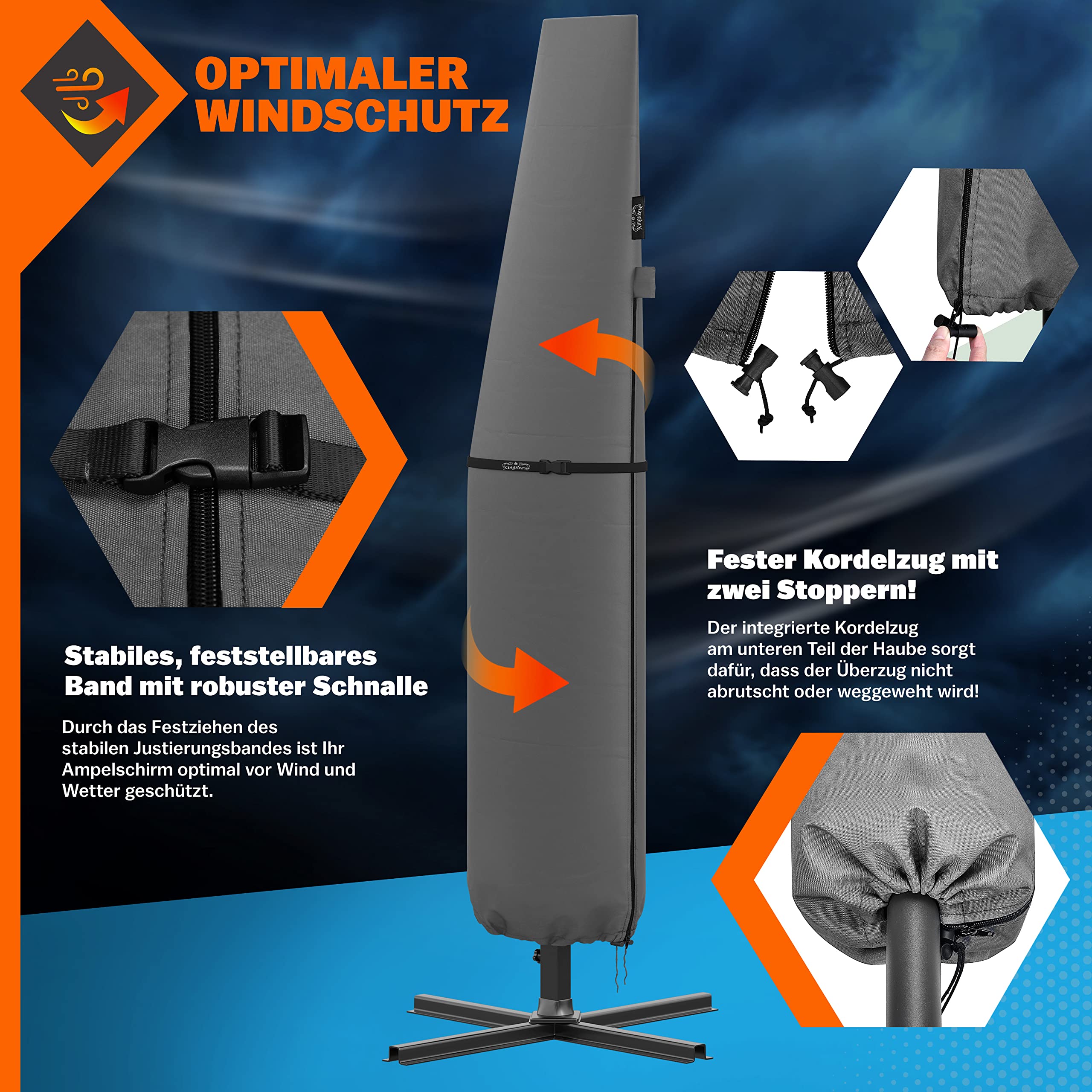 KINGSLEEVE® Sonnenschirm Schutzhülle mit Stab bis Ø 350 cm Winterfest Groß Ampelschirm Gartenschirm Abdeckung Abdeckhaube Hülle Plane Schirmhülle Grau