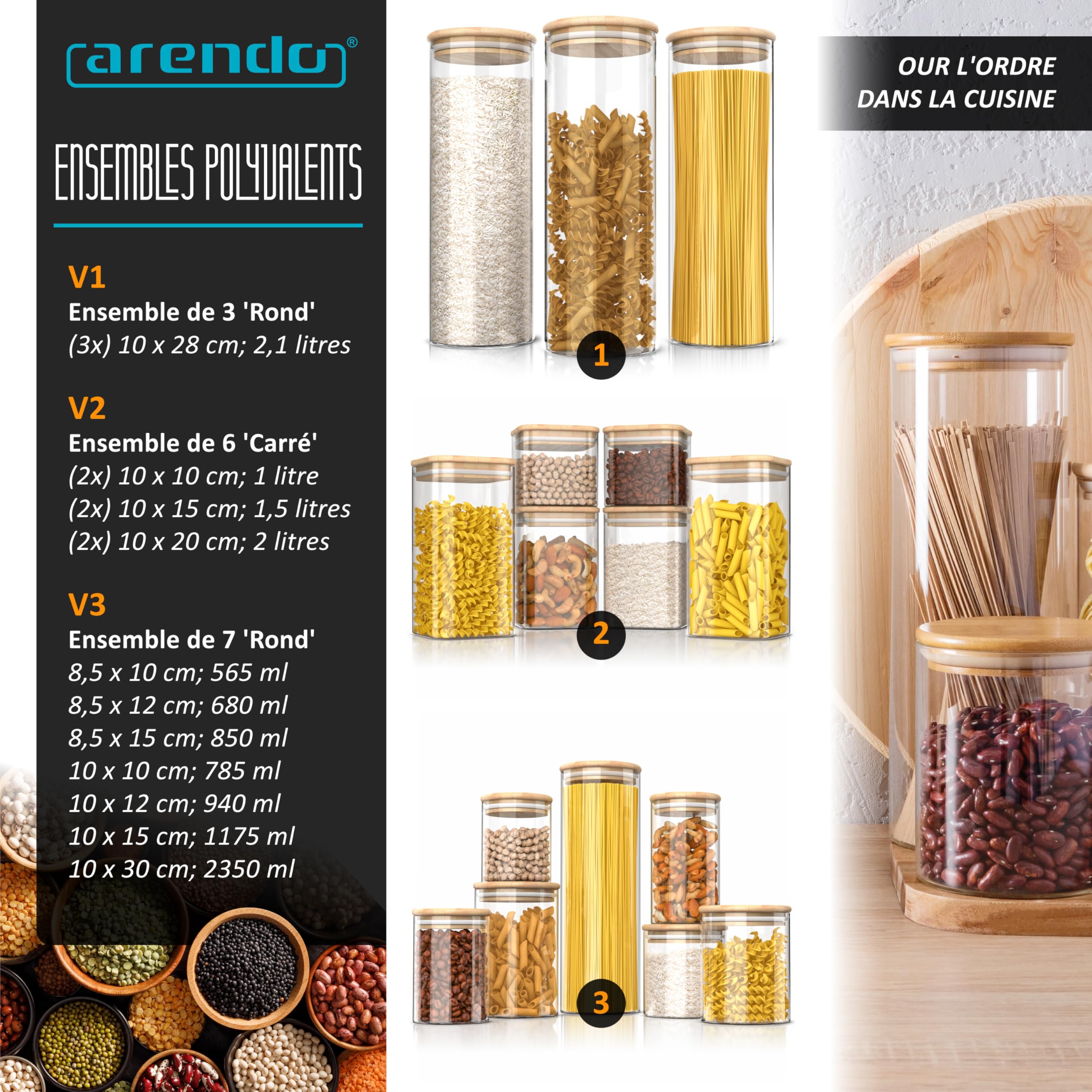 arendo - Set de 3 Récipients en Verre Hermétique Rond, Tailles de 10 x 28 cm / 2,1 litres, Verre borosilicate Boîte Conservation Alimentaire, Couvercle en Bambou, Joint en silicone