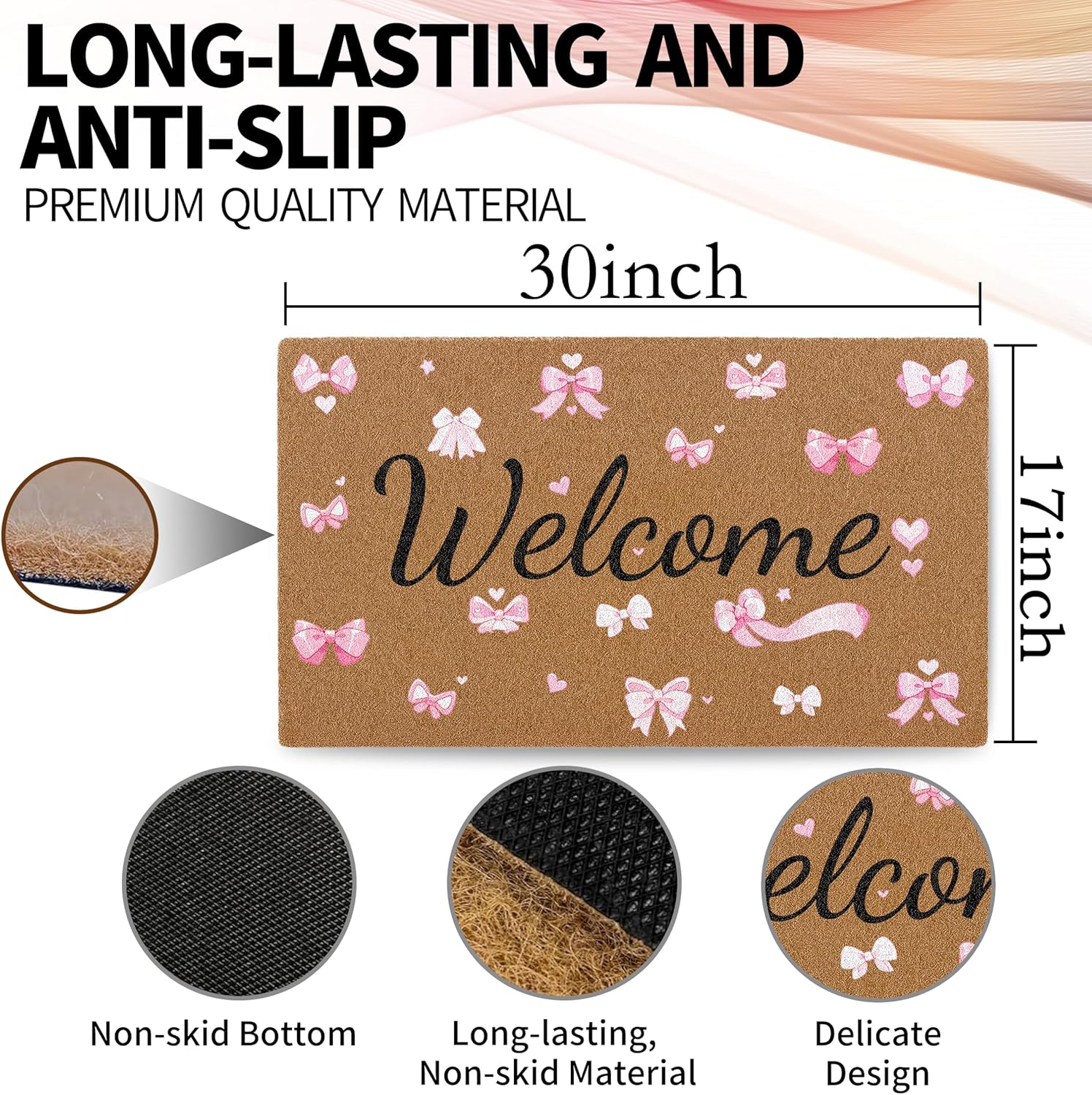 Pink Bow Doormat Outdoor Fall Cute Welcome Mat for Front Door Porch Entryway Girly Dorm Aesthetic Decor Artificial Coir Rug 30x17in