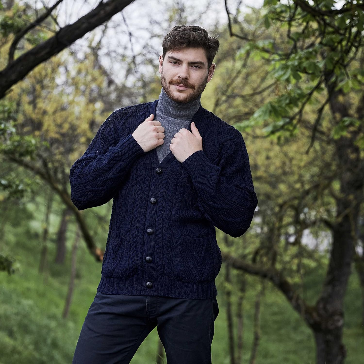 SAOL 100% Merino Wool Men's Aran Cable Knit V Neck Casual Irish Cardigan with Buttons and Pockets