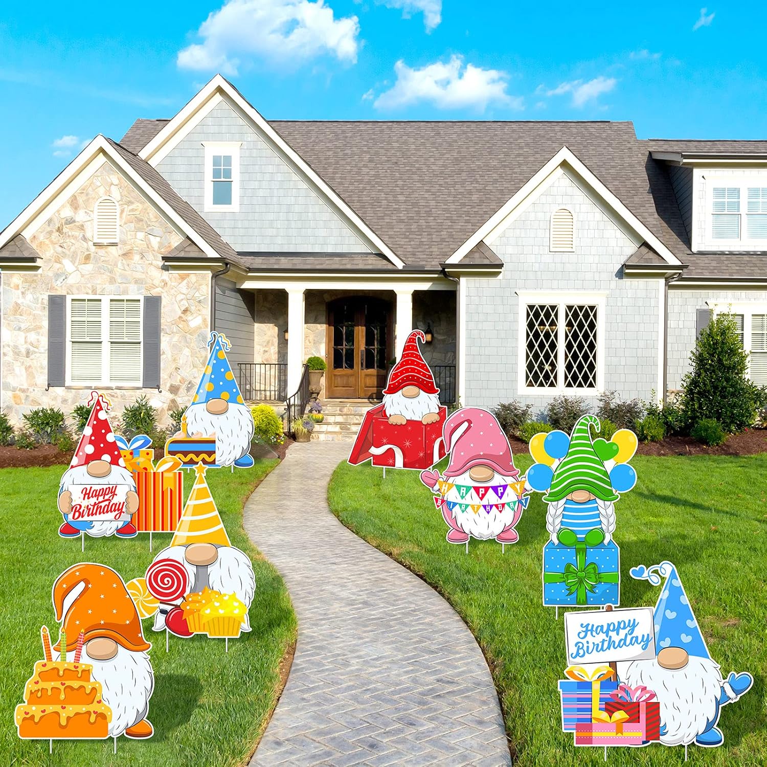 ELCOHO 8 Pieces Happy Birthday Gnomes Garden Flag Yard Party Signs with 16 Stakes Support Banners Supplies for Outdoor Lawn or Party Background Decorations 14 x 14 Inch