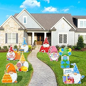 ELCOHO 8 Pieces Happy Birthday Gnomes Garden Flag Yard Party Signs with 16 Stakes Support Banners Supplies for Outdoor Lawn or Party Background Decorations 14 x 14 Inch