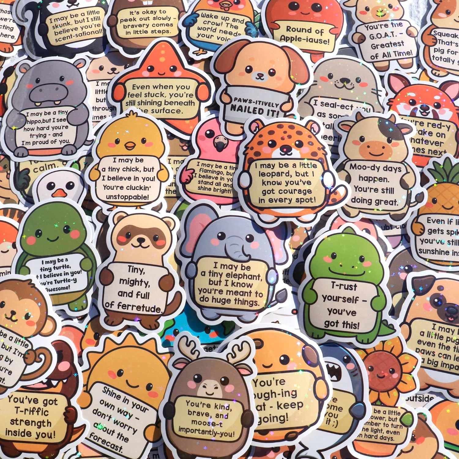 240pcs Holographic Tiny Cheer Squad Animals Sticker Pack By Puraesla - Cute Affirmation Encouraging Inspirational Stickers for Water Bottles, Laptops, Phones, Positive Quote for Classroom, Teachers