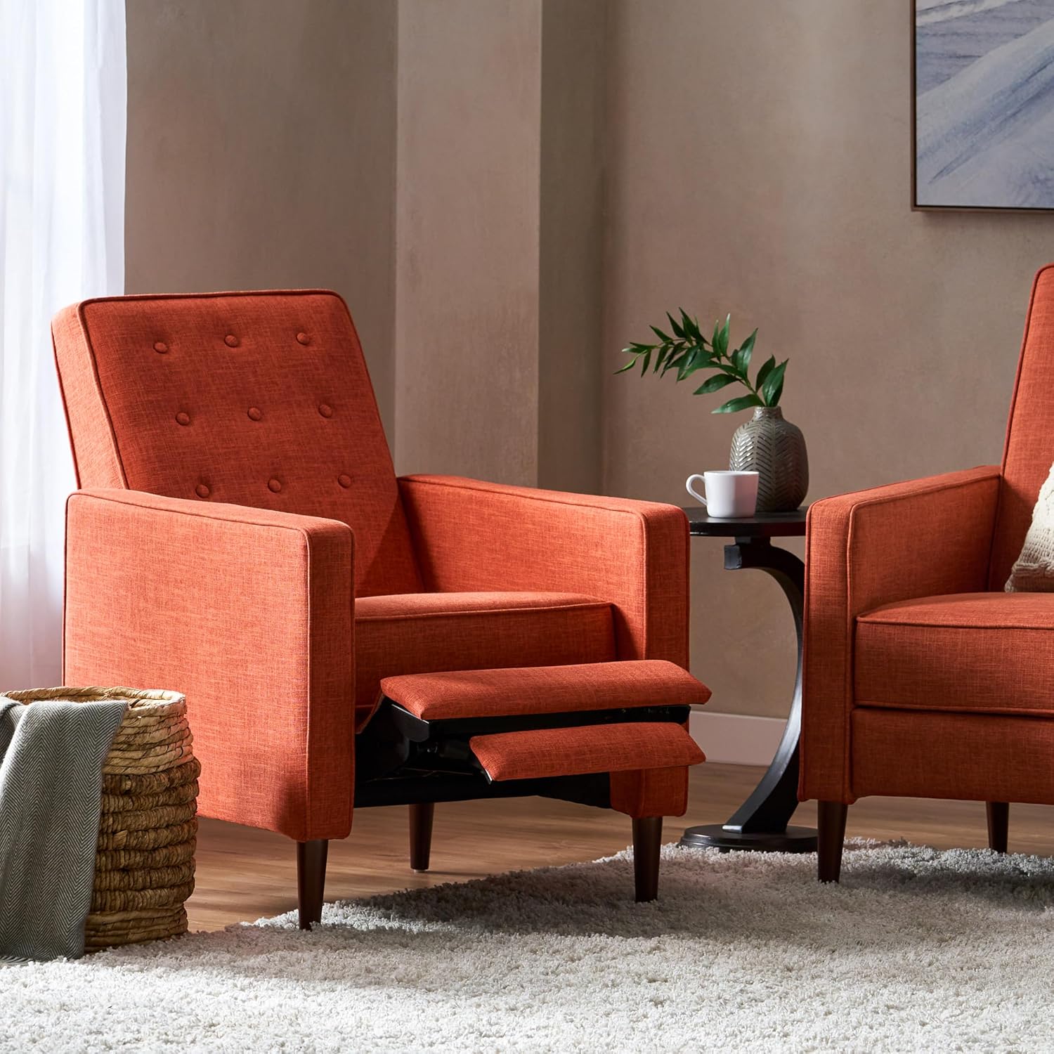 CITYLIGHT Mid Century Modern Accent Chair, Single Recliner Sofa with Thicker Seat Cushion and Wood Legs, Fabric Upholstered Lounge Chair for Living Room, Bedroom, Office, Orange