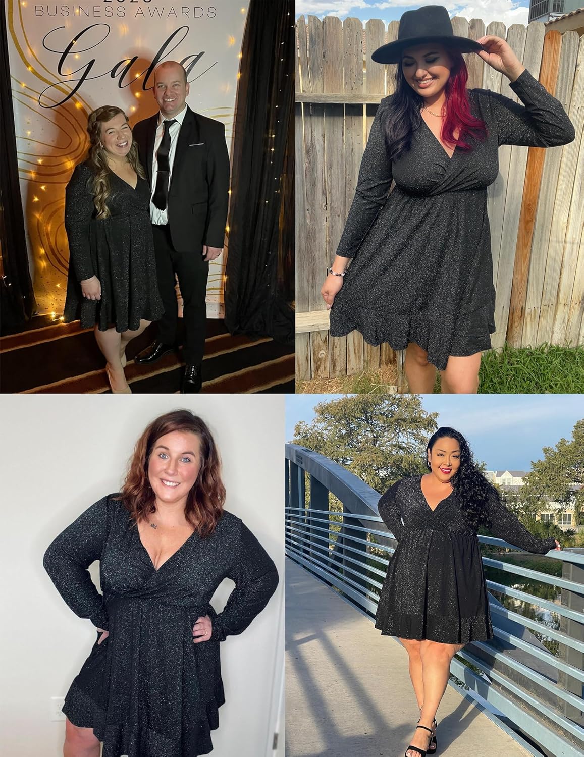 IN'VOLAND Plus Size Womens Glitter Dress V Neck Long Sleeve Ruffle Hem Swing Club Cocktail Party Dresses - Image 6