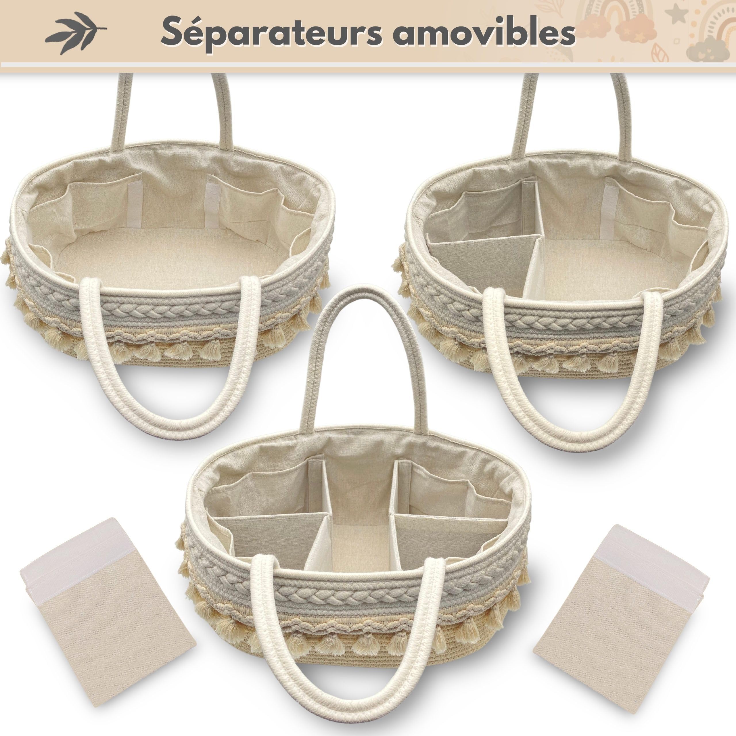 MillyBeas Organisateur de Couches Bébé, Grand Panier en Corde de Coton pour le Rangement des Couches, Diviseurs Modulables, Cadeaux pour nouveau-né