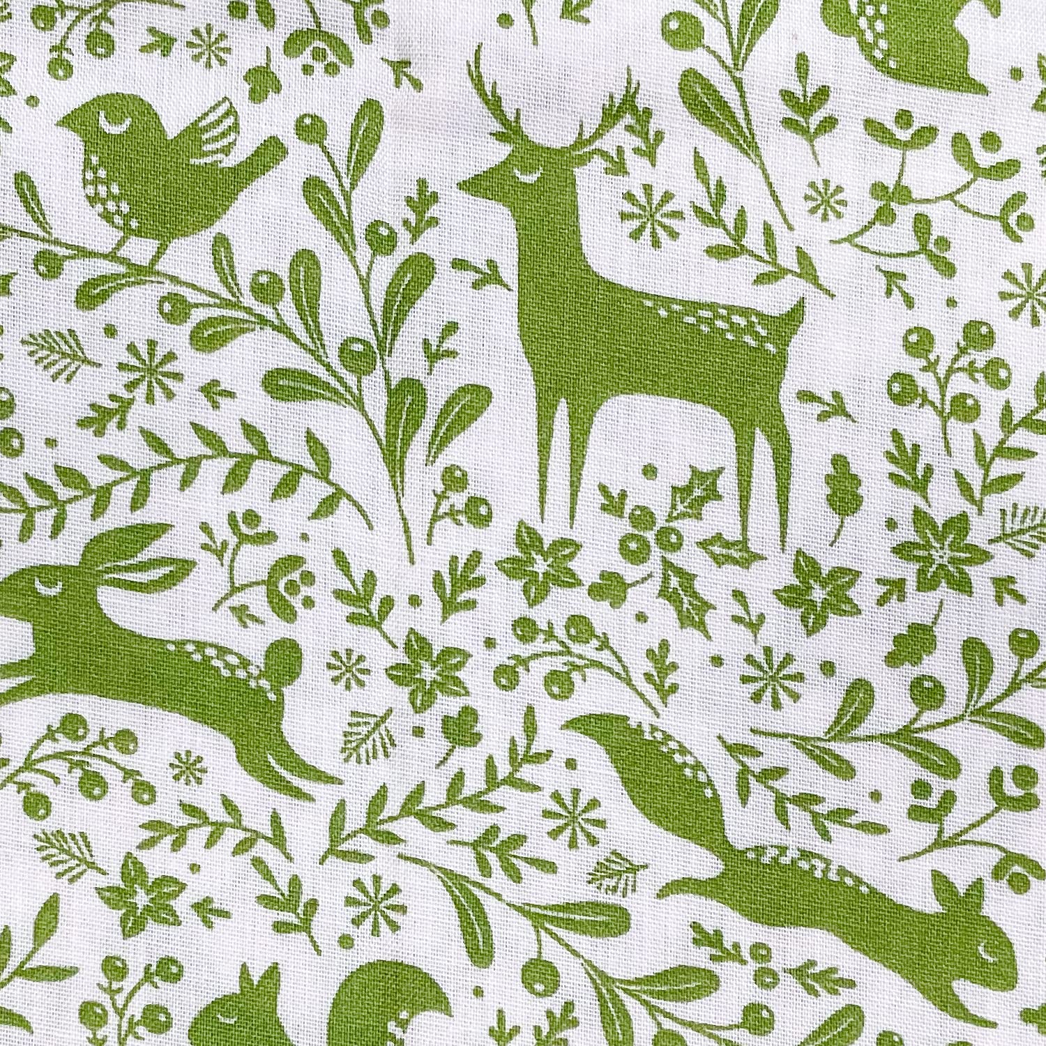 Cute Green Forest Animals Fabric - Rabbit Squirrel Fox Deer Print on White - Polycotton Fabric Material Metre