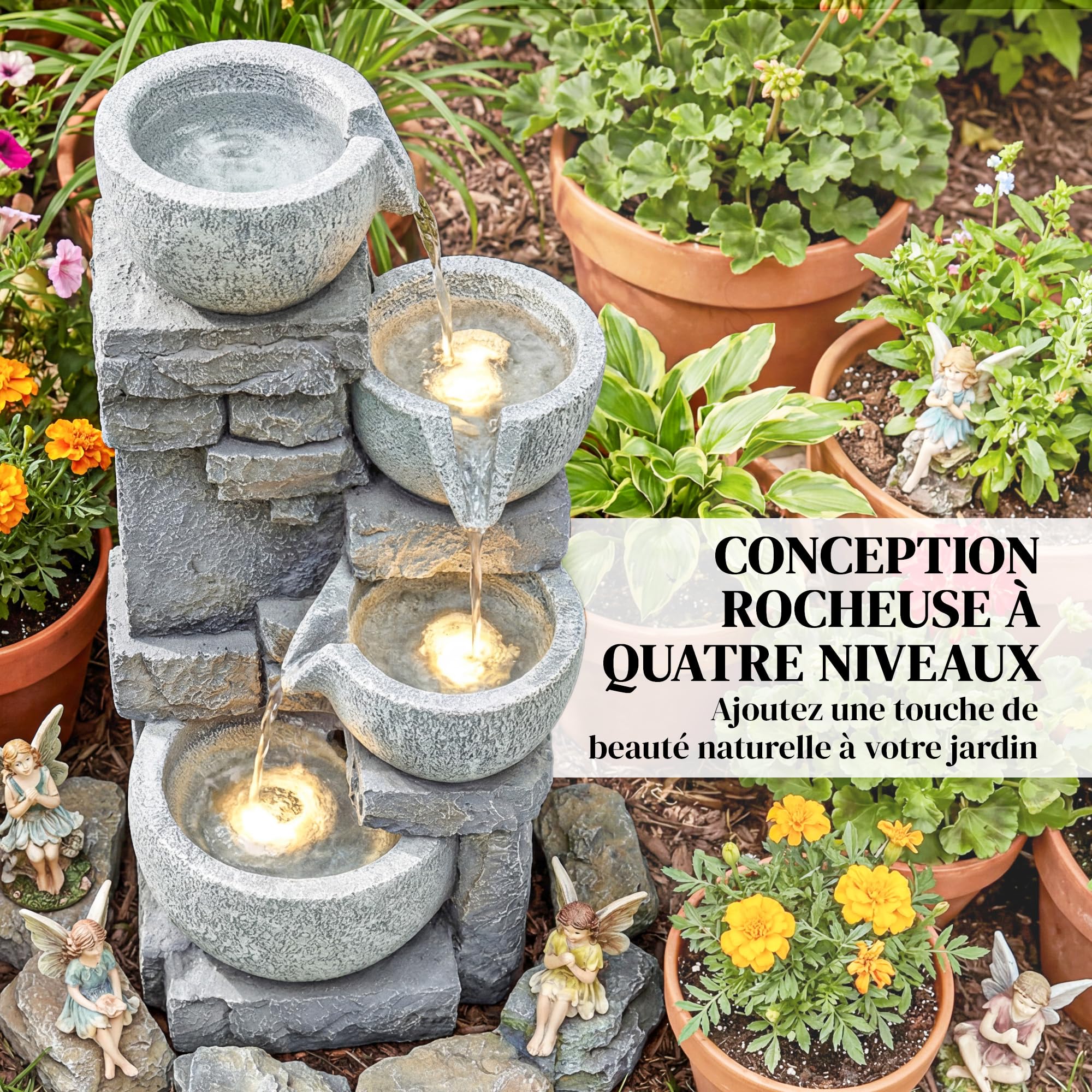 Outsunny Fontaine de Jardin Cascade 4 Niveaux - Décoration Effet Pierre et Brique avec Éclairage LED - Pompe à Eau Réglable pour Terrasse, Balcon et Salon (54,5 cm), Gris