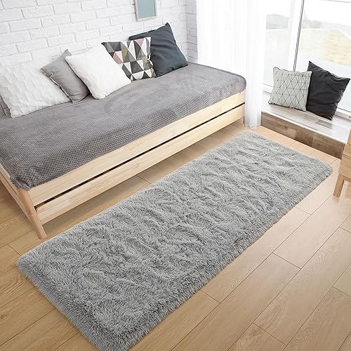 Miniatura 2 de Tepook Alfombras suaves para dormitorio de 2 x 6 pies con respaldo de goma, alfombras grises esponjosas para sala de estar, alfombra de noche peluda