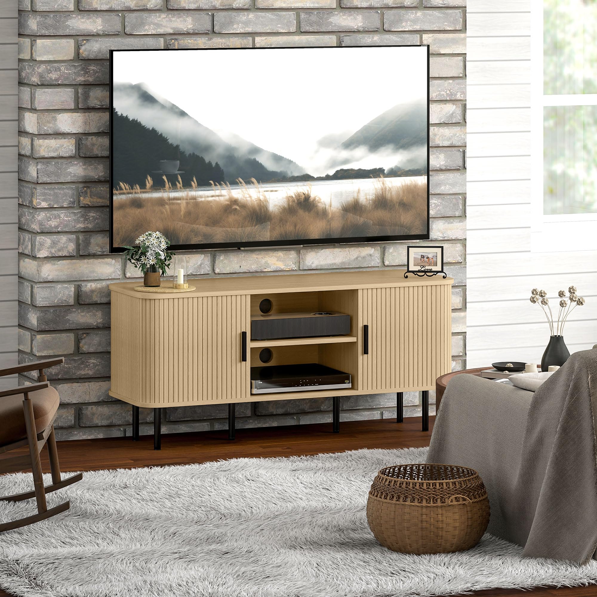 HOMCOM Mobile TV 55" con 2 Armadietti, 2 Ripiani e 2 Fori Passacavi, Mobiletto Porta TV in Legno e Acciaio, per Soggiorno e Camera da Letto, 120x40x55 cm, Rovere e Nero