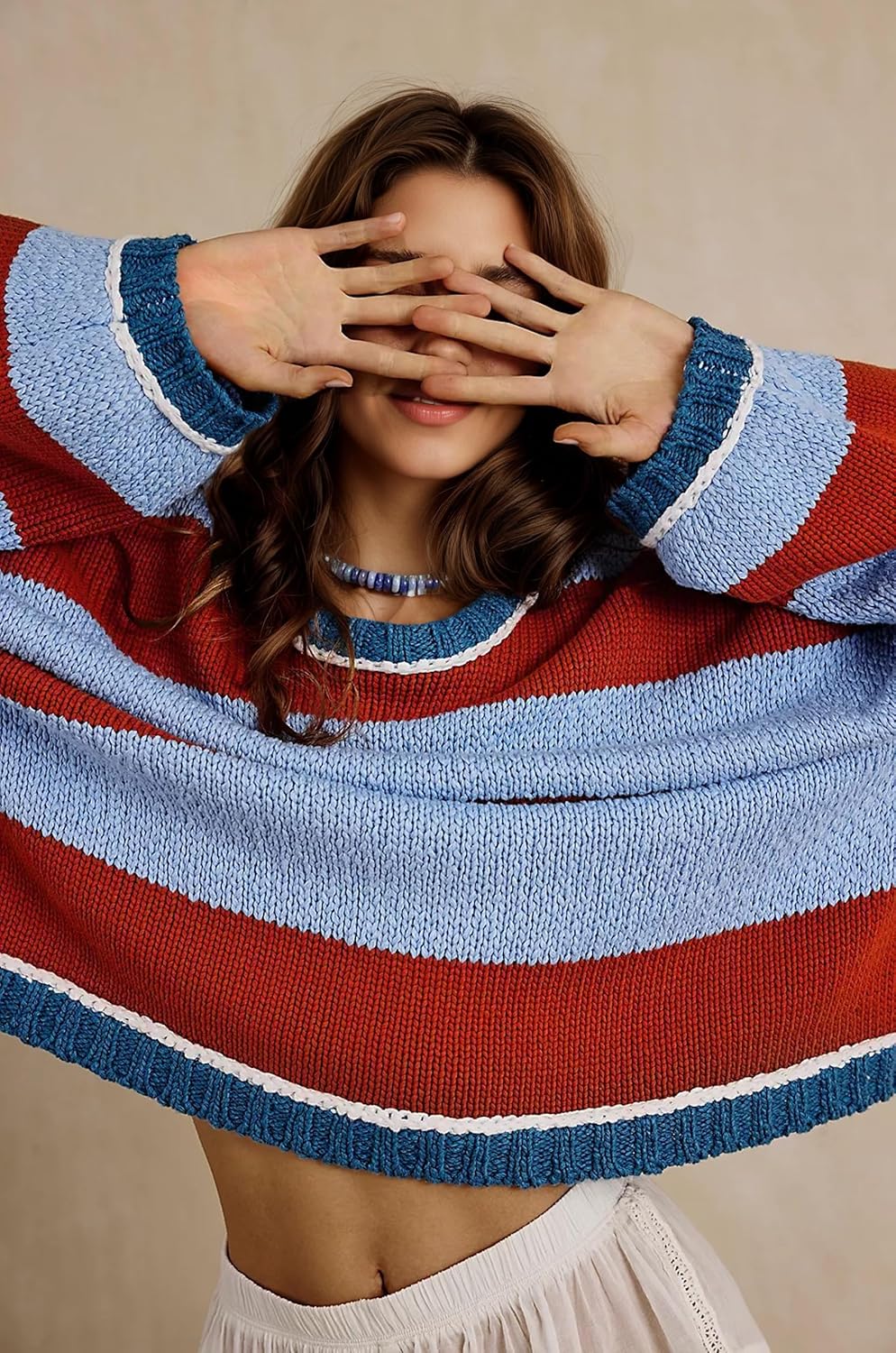 Women's Chunky Knit Striped Sweaters Casual Long Sleeve Crew Neck Oversized Pullover Sweater Winter Fall Spring Tops - Image 5