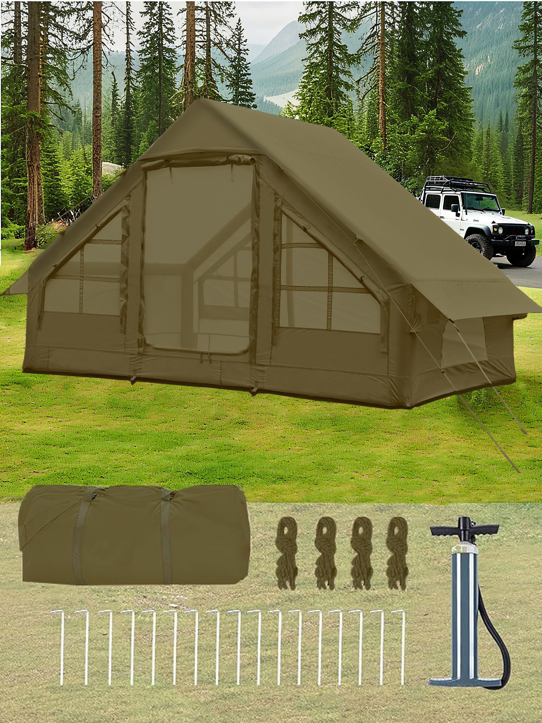Inflatable Camping Tent 2/4/6 Person, Fast 5-Min Inflate with Hand Pump, Waterproof UV Resistant PVC Blow Up Glamping Tent with Special Shaped Rainproof Breathable Window for Family Weekend Trip