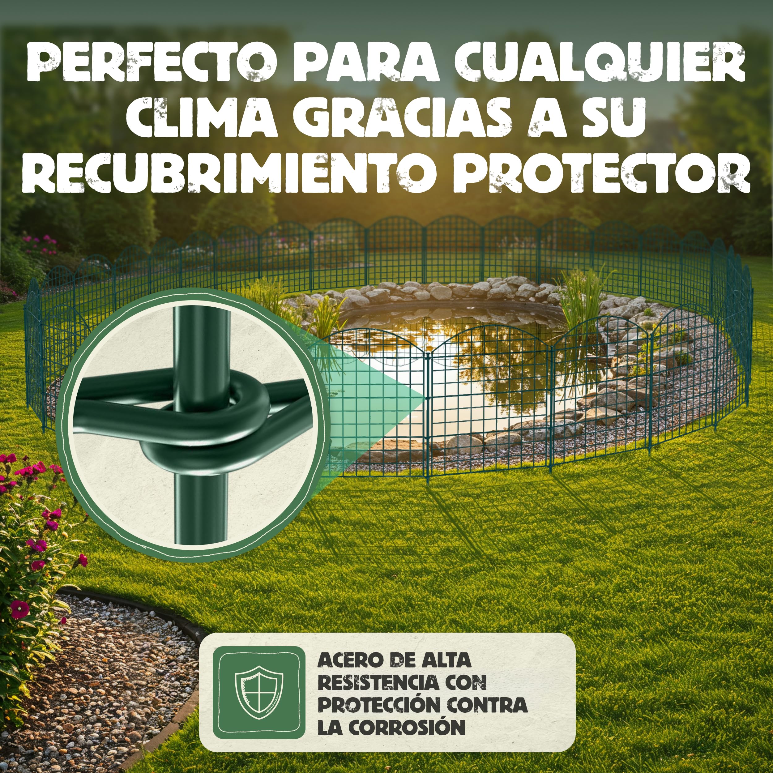 LAINFELD Juego completo de valla para estanque, 10 elementos de vallas de metal con postes, valla de piscina para niños, valla de jardín para enchufar flexible