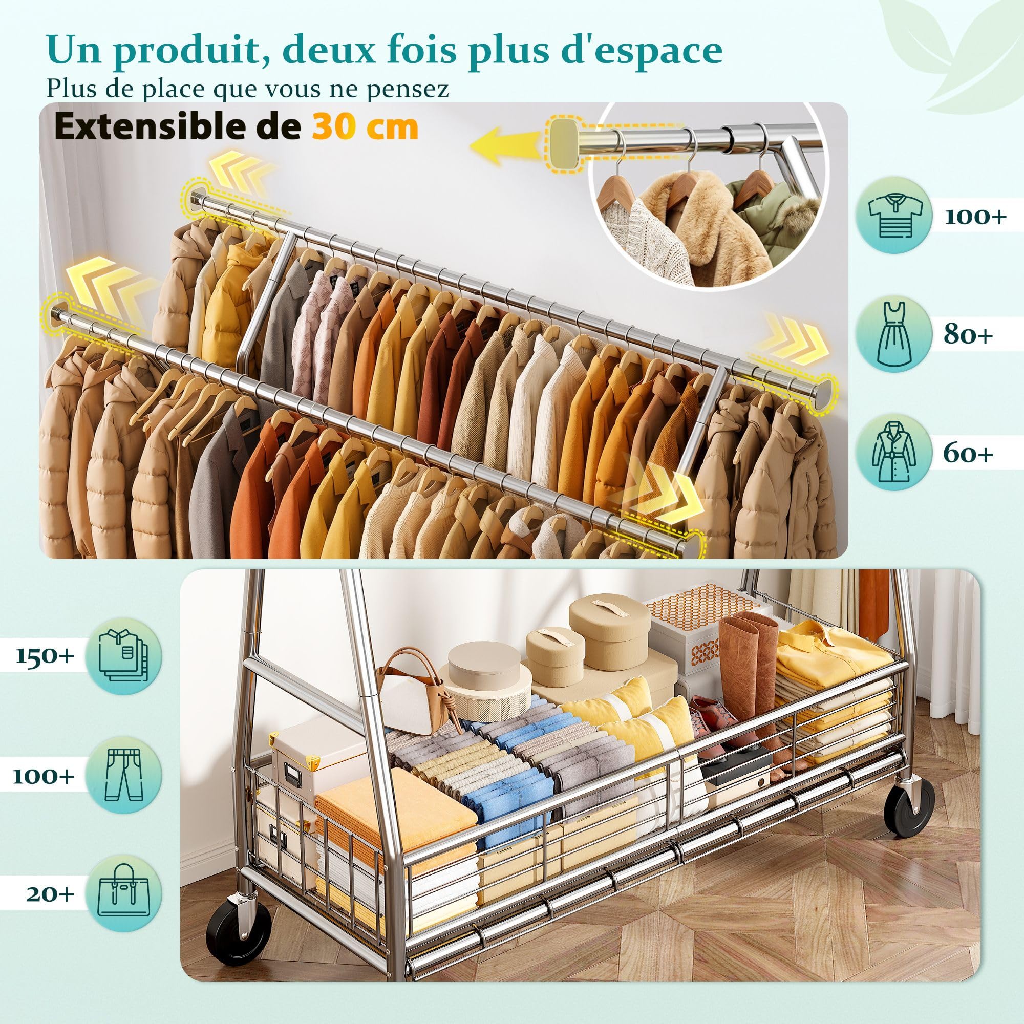 Portant à Vêtements Solide à Roulettes avec Panier, charge 200KG