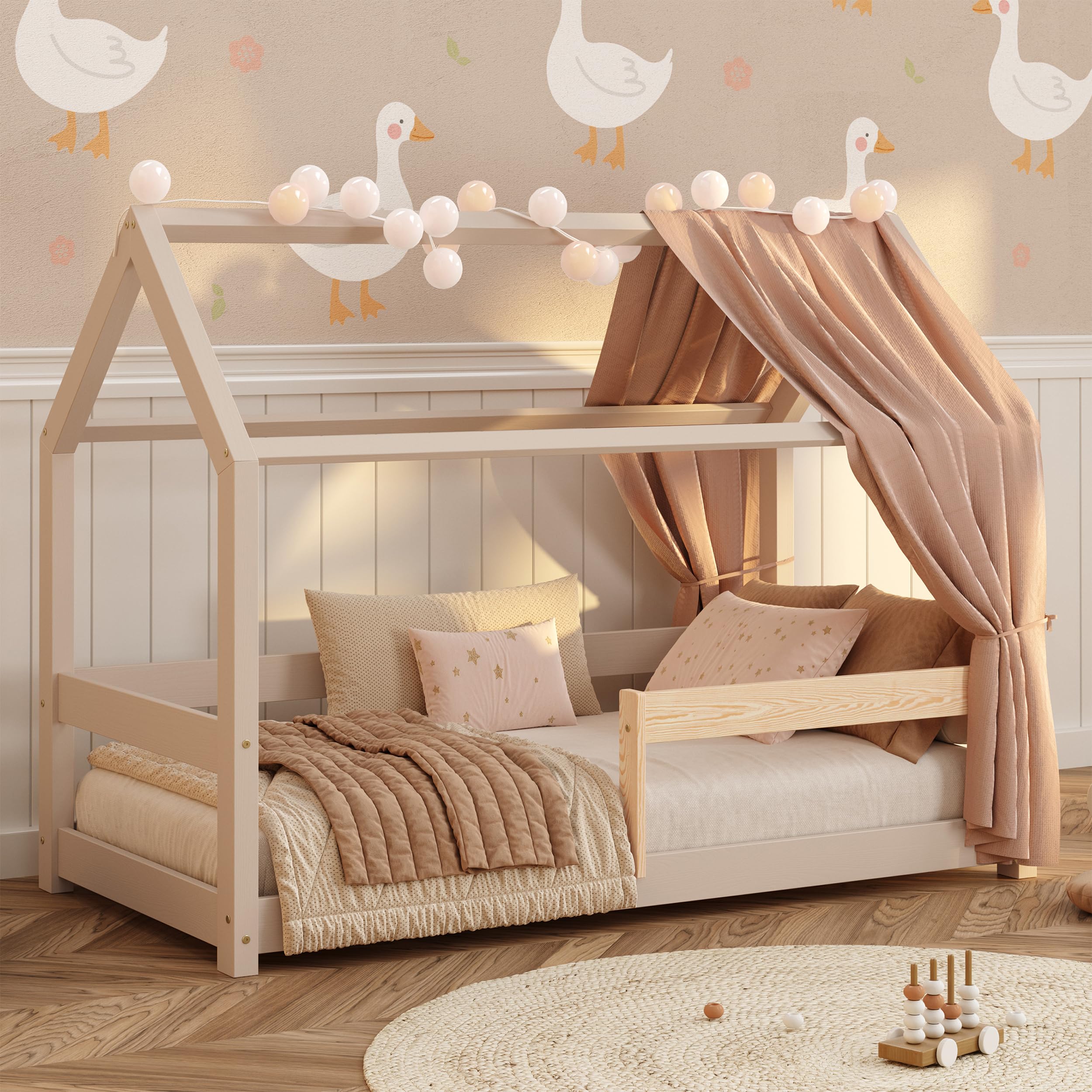 smartwood Łóżko domek 90x190 ze stelażem, Lite Drewno, Kaszmirowy, MILO | Łóżko dziecięce Montessori, wysokość wejście 12 cm, stelaż do 230 kg, drewno sosnowe, łatwy montaż, od 3 lat