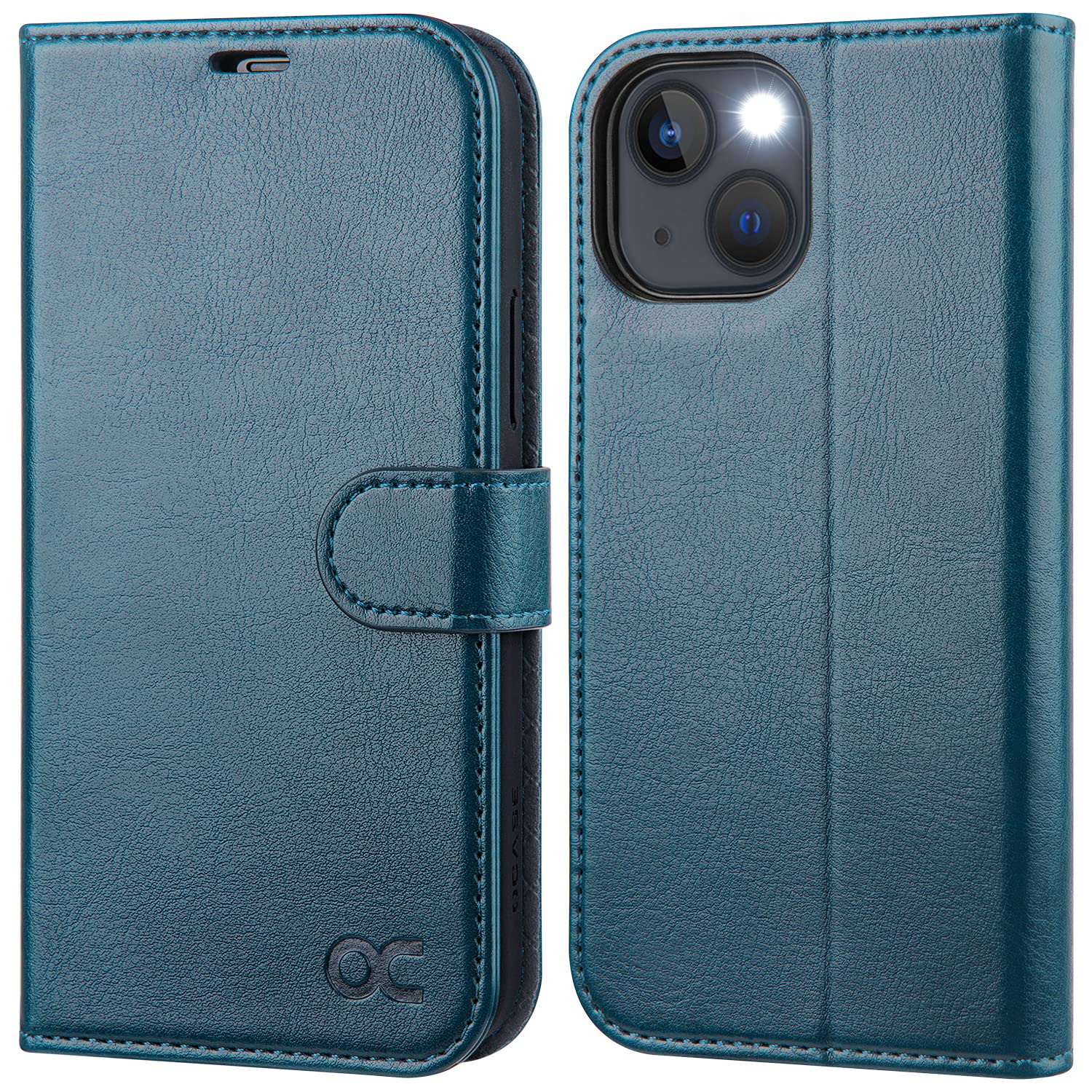 OCASE Custodia Portafoglio Per IPhone 13 Mini Con Blocco RFID E Supporto - Pelle PU Blu Pavone