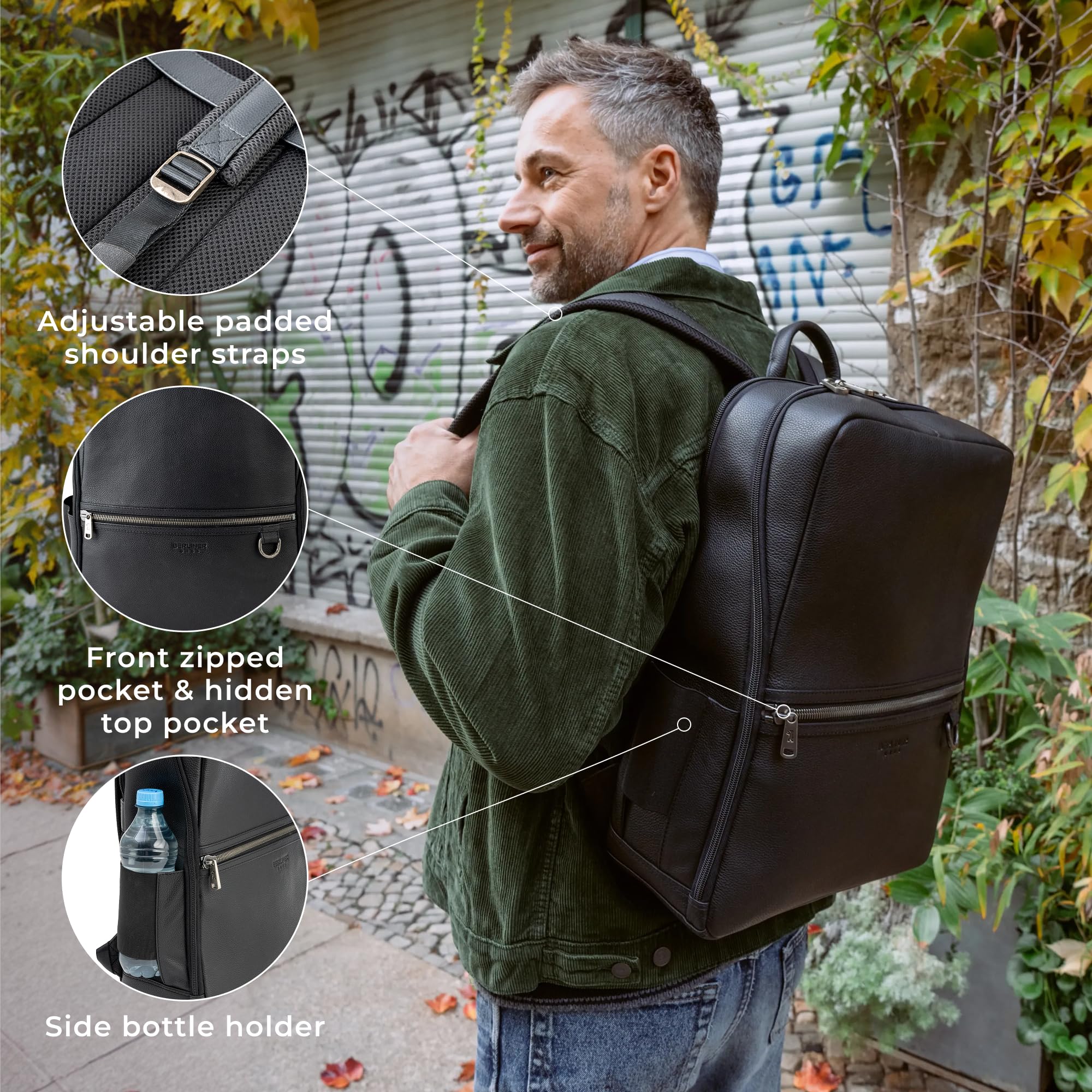 Berliner Bags Mochila Helsinki de Piel para Portátil 17", Mochila Business con RFID para Hombre y Mujer - Negro