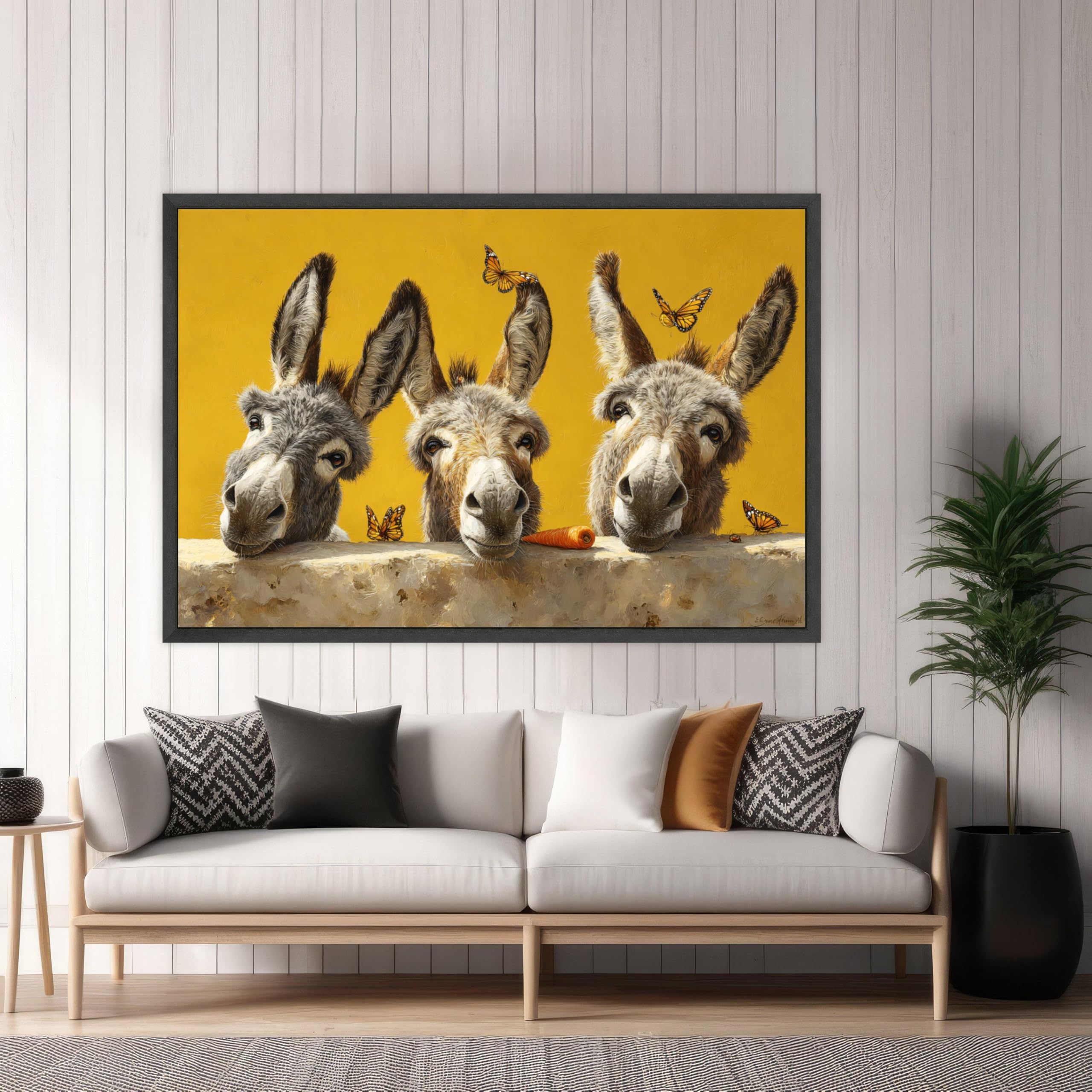 CAOXTART Obraz osły i motyle sztuka ścienna zwierzęta gospodarskie rustykalne plakaty i druki do dekoracji wnętrz w salonie (60x80cm/rama wewnętrzna)