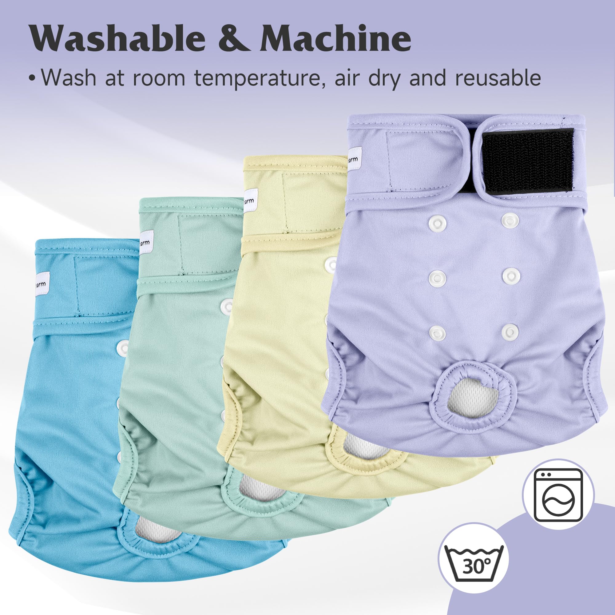 Paquete de 4 pañales reutilizables para perras, altamente absorbentes, pañales para perras, pañales para perros grandes, amarillo y morado