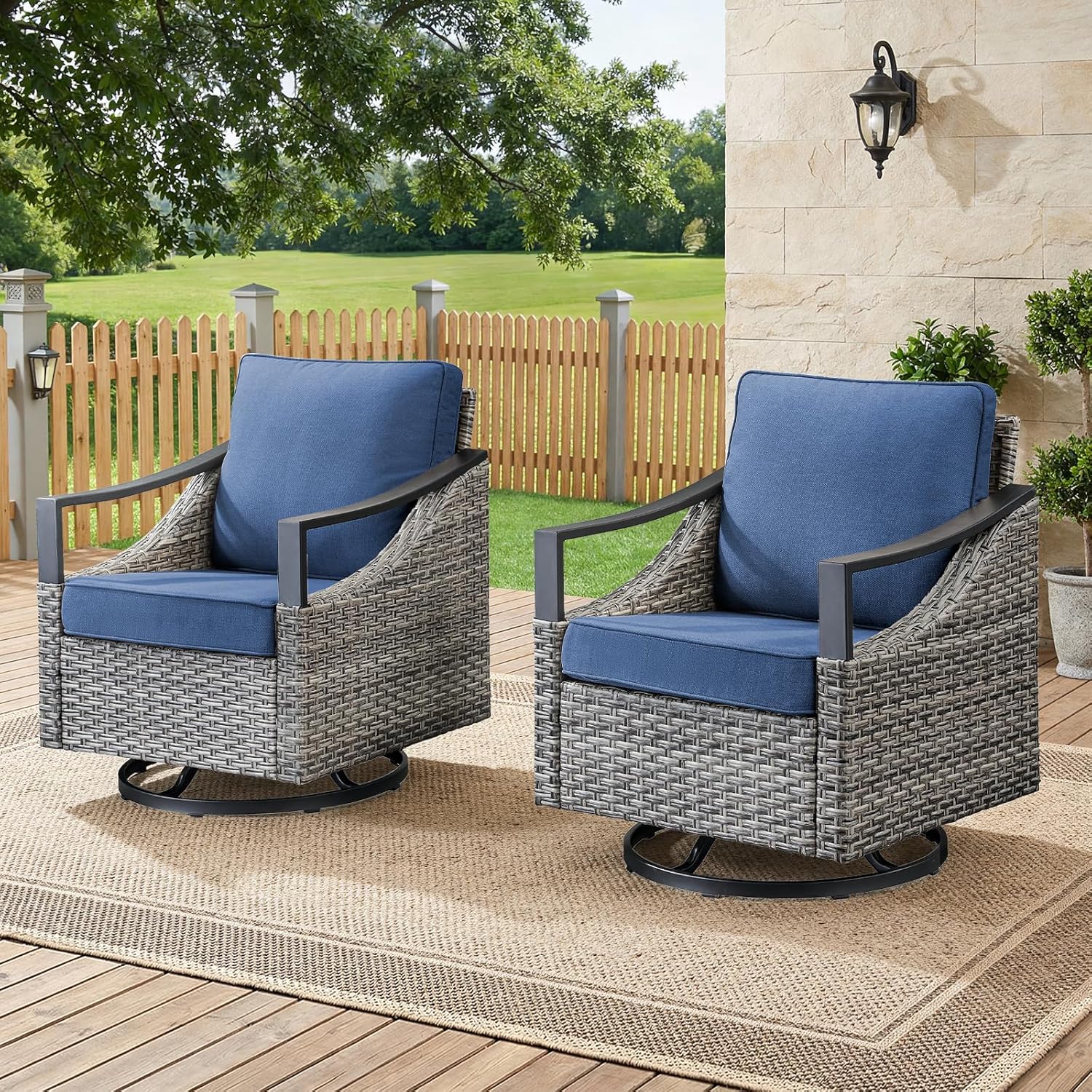 Outdoor Swivel Rocker Patio Chairs-High Back Wicker Swivel Rocker Patio Chairs Set of 2,PE Wicker Chair Outdoor Patio Furniture Sets with Covered Cushions for Porch Balcony Patio Deck Grey/Blue