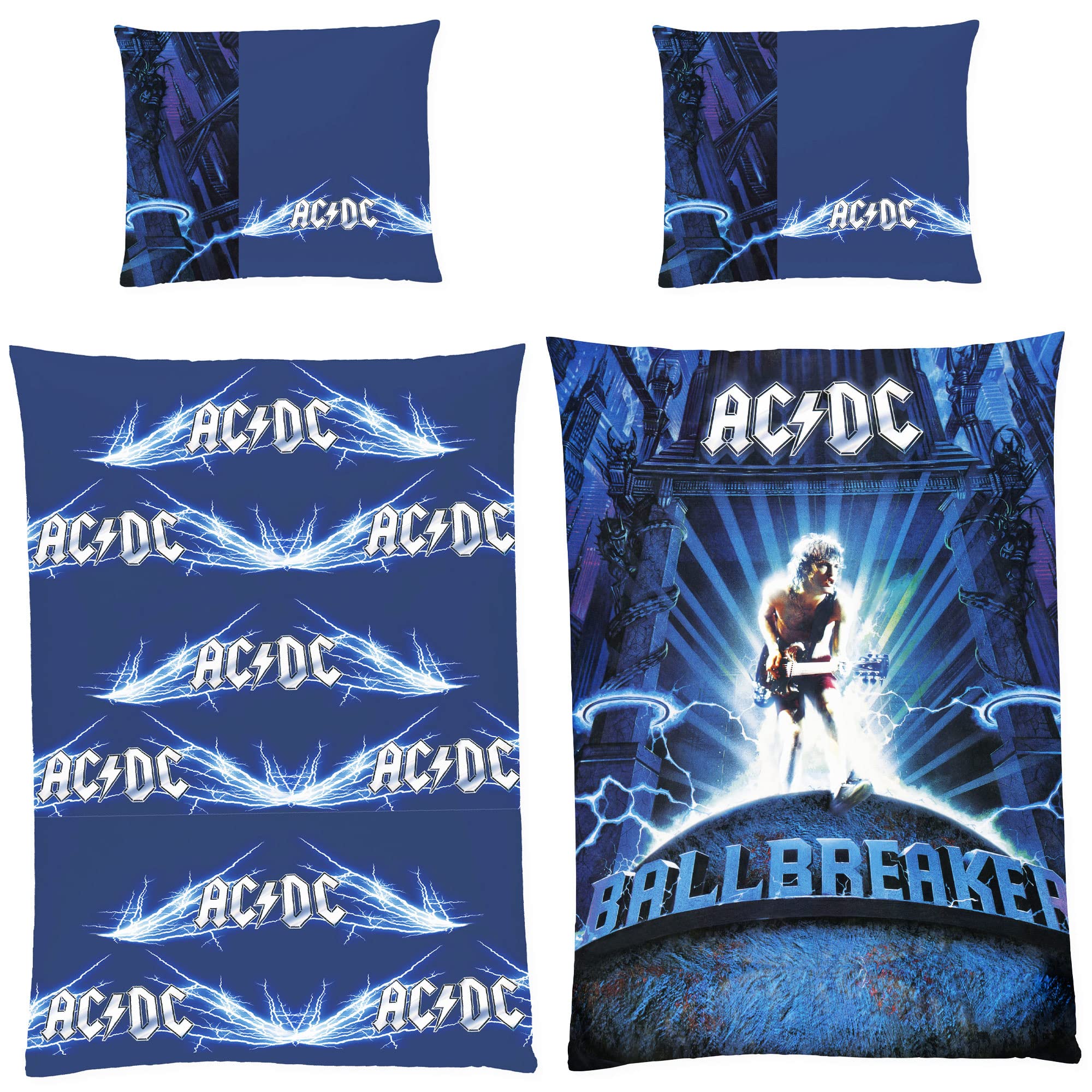 ACDC Rock Bettwäsche AC/DC Ballbreaker Blau 135 cm x 200 cm + 80 cm x 80 cm 100% Baumwolle Renforcé-Linon-Qualität Bon Scott Malcom Young Dave Evans Axl Rose mit Reißverschluss deutsche Größe