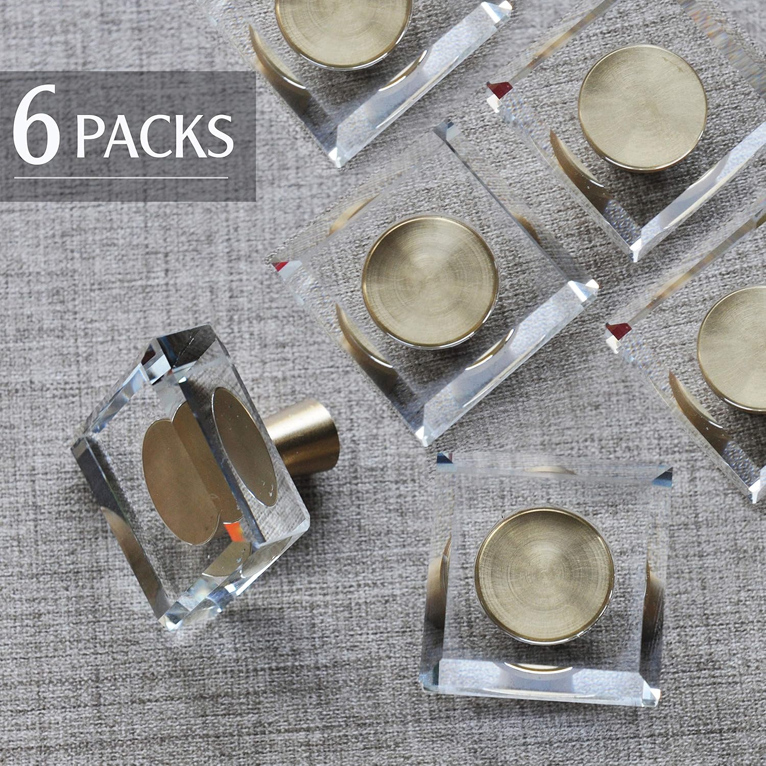 JEREVER 6 Pack Glass Crystal Knobs Brass Drawer Pull Cabinet Handle Gold Furniture Hardware for Dresser Kitchen (Square)