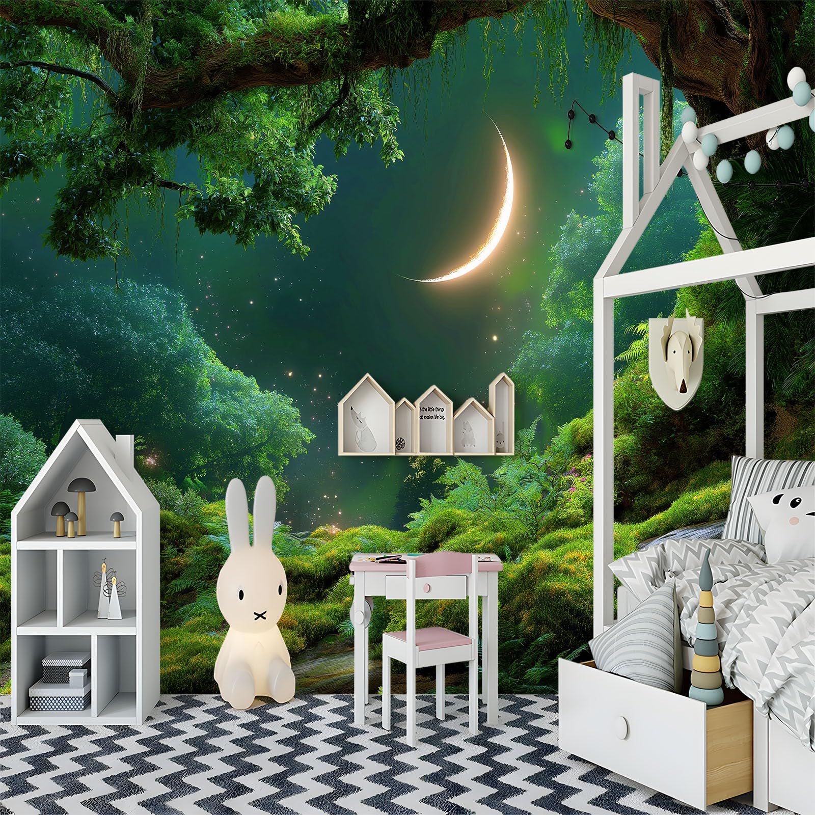 Art Murals Fototapete Schlafzimmer - Fantasie Wald Mond Moos Wandtapete Aufkleber für Wohnzimmer Küche, Olivgrün 3D Tapete Mural Kinderzimmer TV Hintergrund Wandtapete, 250 x 175 cm