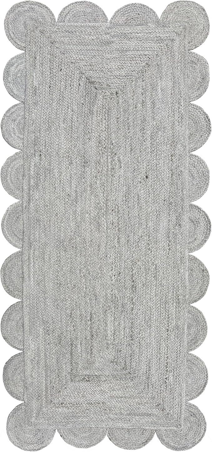 Scallop Jute Runner Rug Boho Jute Rug Scalloped Coastal Rug, Fog Gray, 2'x10'
