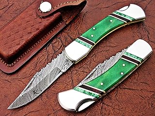 FAYYAZ BROTHERS Handmade Damascus Steel Pocket Folding Knife/Pocket Knife AA-15271 to 15275 Back Lock (Green Colored Bone)