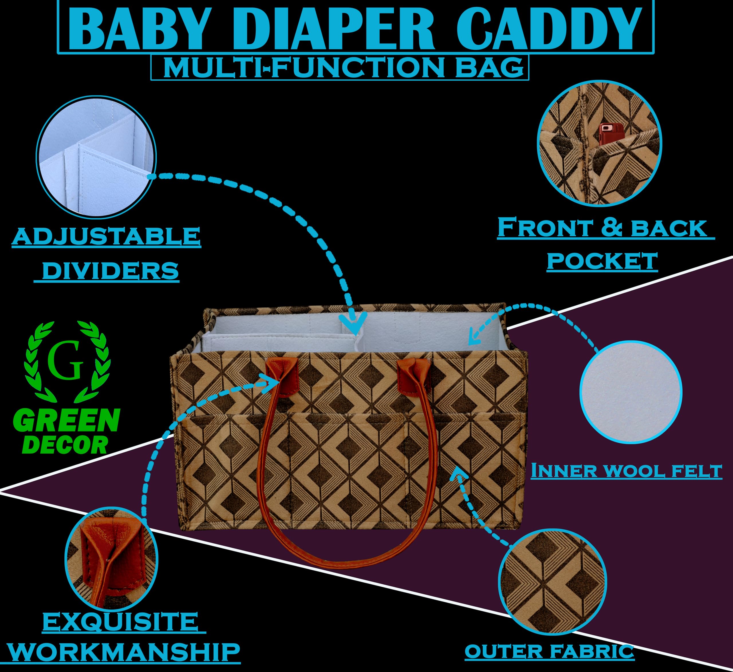 GREEN DECOR - Non Woven Fabric 2 IN 1 Designer Diaper Caddy & Toy Bin With Handles Combo for Smart Mothers Newborn Baby Products Unbreakable Toy Bins Foldable & Portable (Square Check Print, Brown) - Image 5 thumbnail
