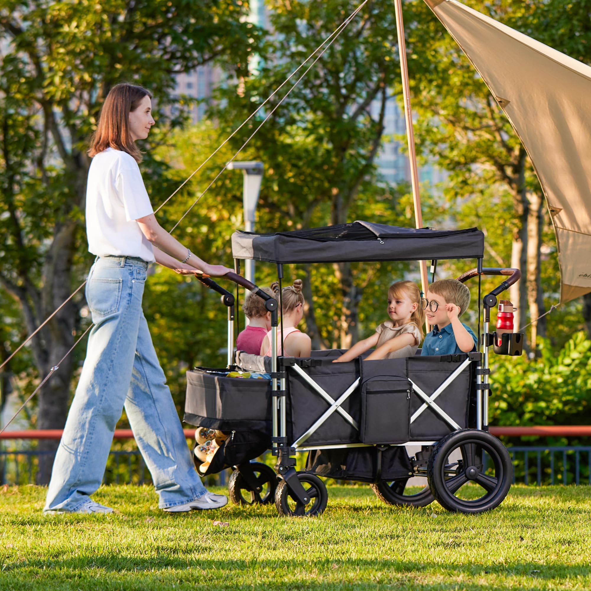 Real Relax Wagon Stroller for 4 Kids: Folding 4 Seater Stroller Wagon with 5-Point Safety Belt, Collapsible Push Toddler Wagon Cart with Canopy, All-Terrain Mobility Wheels