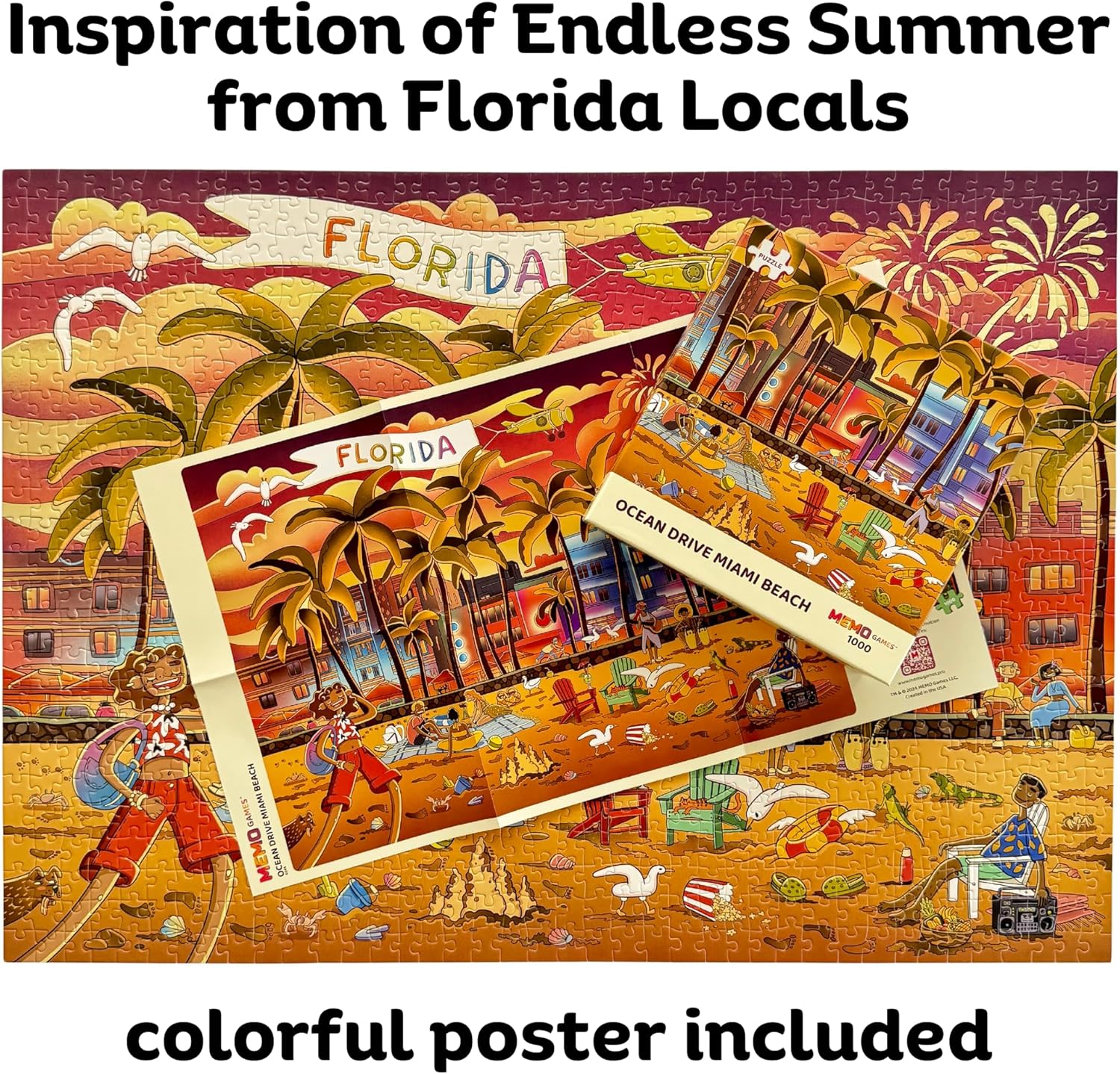 1000-Piece Jigsaw Puzzle for Adults – Ocean Drive Miami Beach | Florida Landmarks, Colorful Hand-Drawn Illustration – Puzzle Size 27.6x19.7 in
