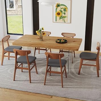 66White Dining Table Set for 6,Dining Table for 6 with Chairs,Modern Kitchen Table with Acrylic Legs and Solid Wood Chair for Dining Room,Kitchen,Restaurants Wood, 6-Walnut Color Chair