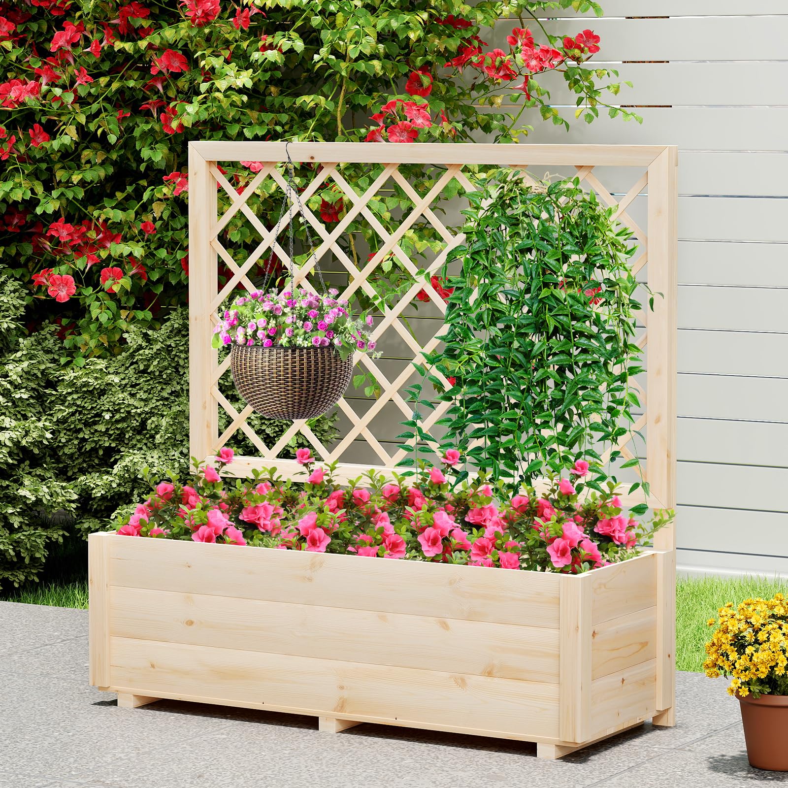 HOMASIS Fioriera con Grigliato per Rampicante, Vaso con Spalliera da Esterno con Sistema di Drenaggio, Portapiante Orto Rialzato da Giardino, Terrazzo, Balcone (98 x 35 x 101 cm)