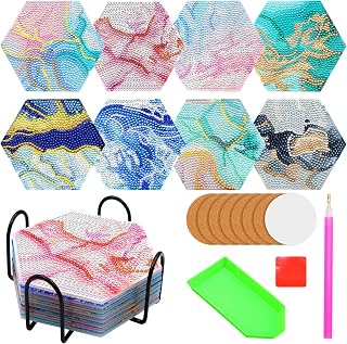 8 PCS Diamond Painting Coasters with Holder, DIY Marble Cup Coasters Diamond Art Kits with Diamond Painting Pen, Shining Drink Coasters Cork Base, Arts and Crafts for Adults Kids (Marble Style)